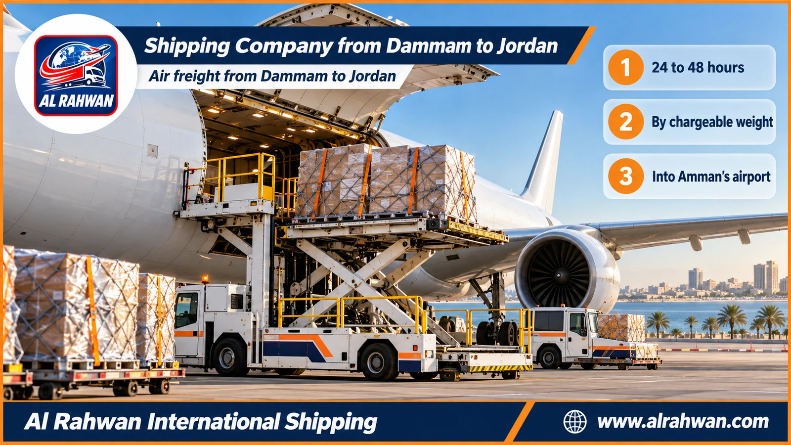 Shipping Company from Dammam to Jordan - wrapped urgent parcels being loaded into a cargo aircraft on the apron of a Dammam airport bound for Jordan