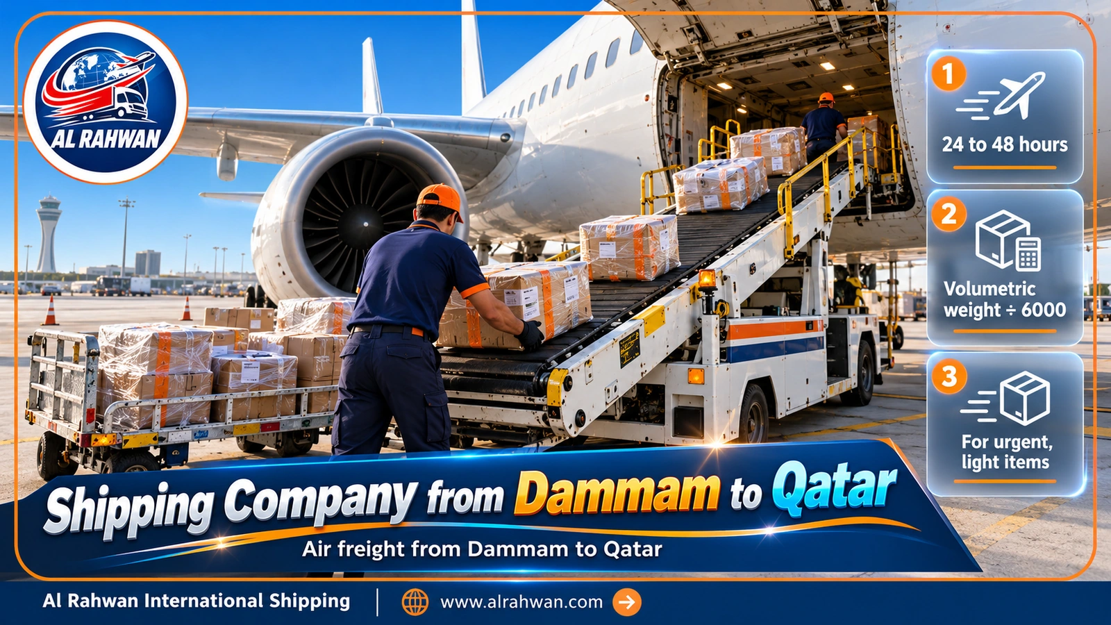 Cartons being loaded into an aircraft hold for air freight from Dammam to Qatar