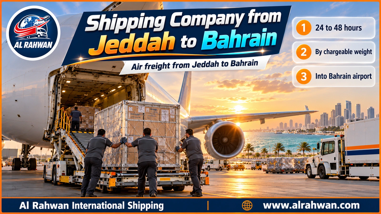 Shipping Company from Jeddah to Bahrain - a cargo aircraft on the Jeddah airport apron with air-freight container dollies beside it at sunset