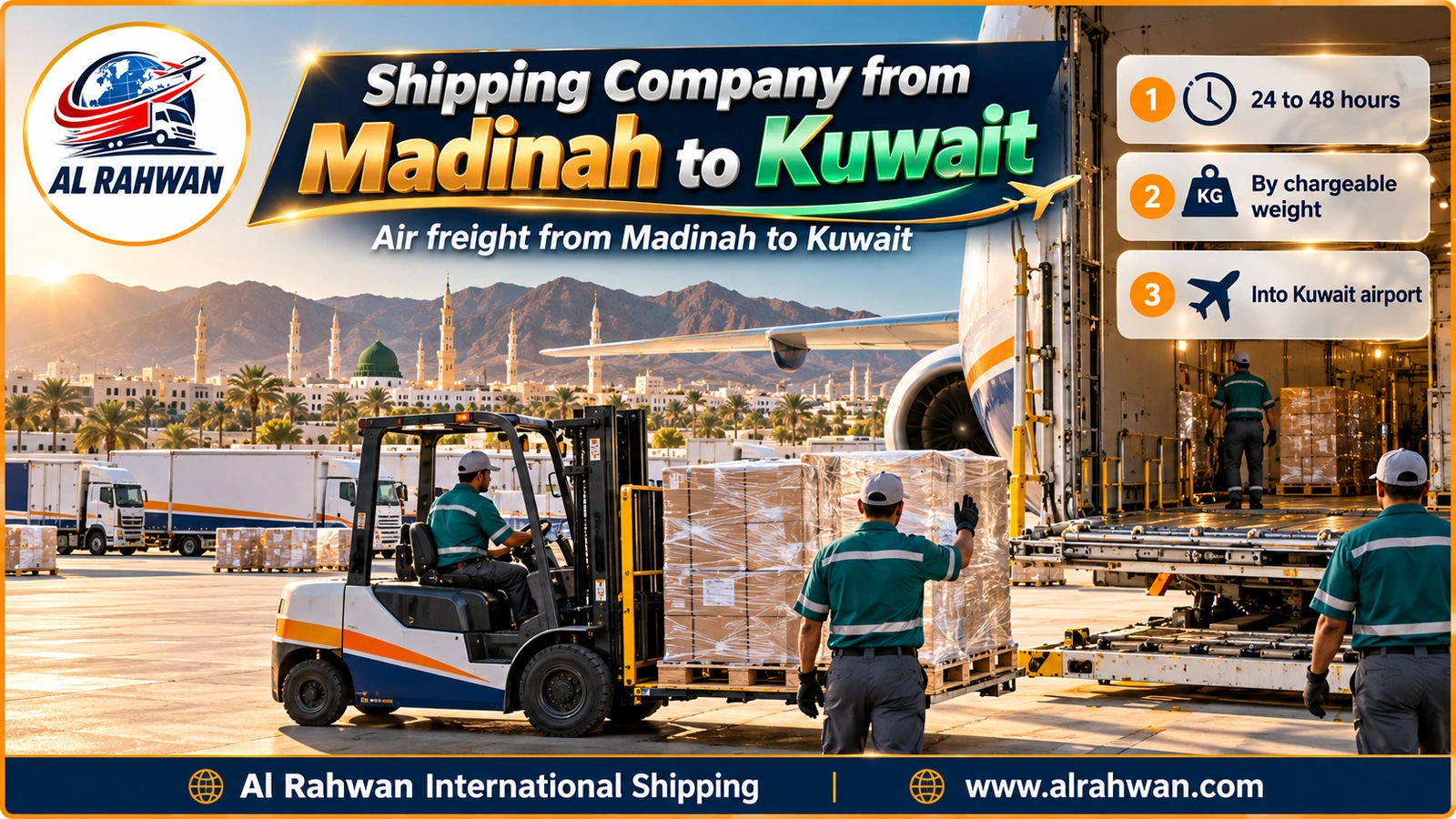 Urgent air cargo being loaded by a shipping company from Madinah to Kuwait at the airport cargo apron