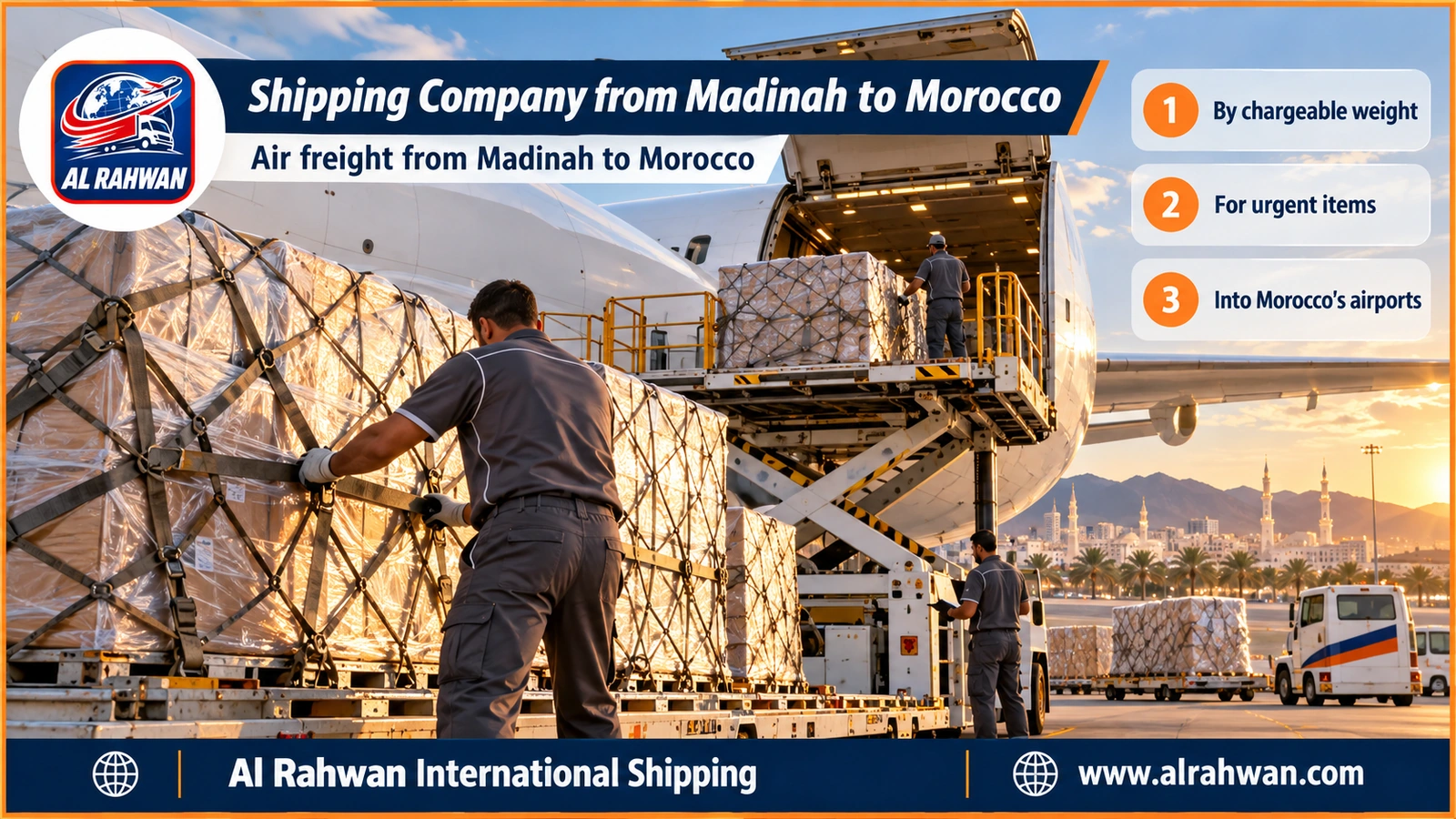 Shipping Company from Madinah to Morocco - wrapped air freight parcels on a loading pallet at an airport near Madinah bound for Morocco