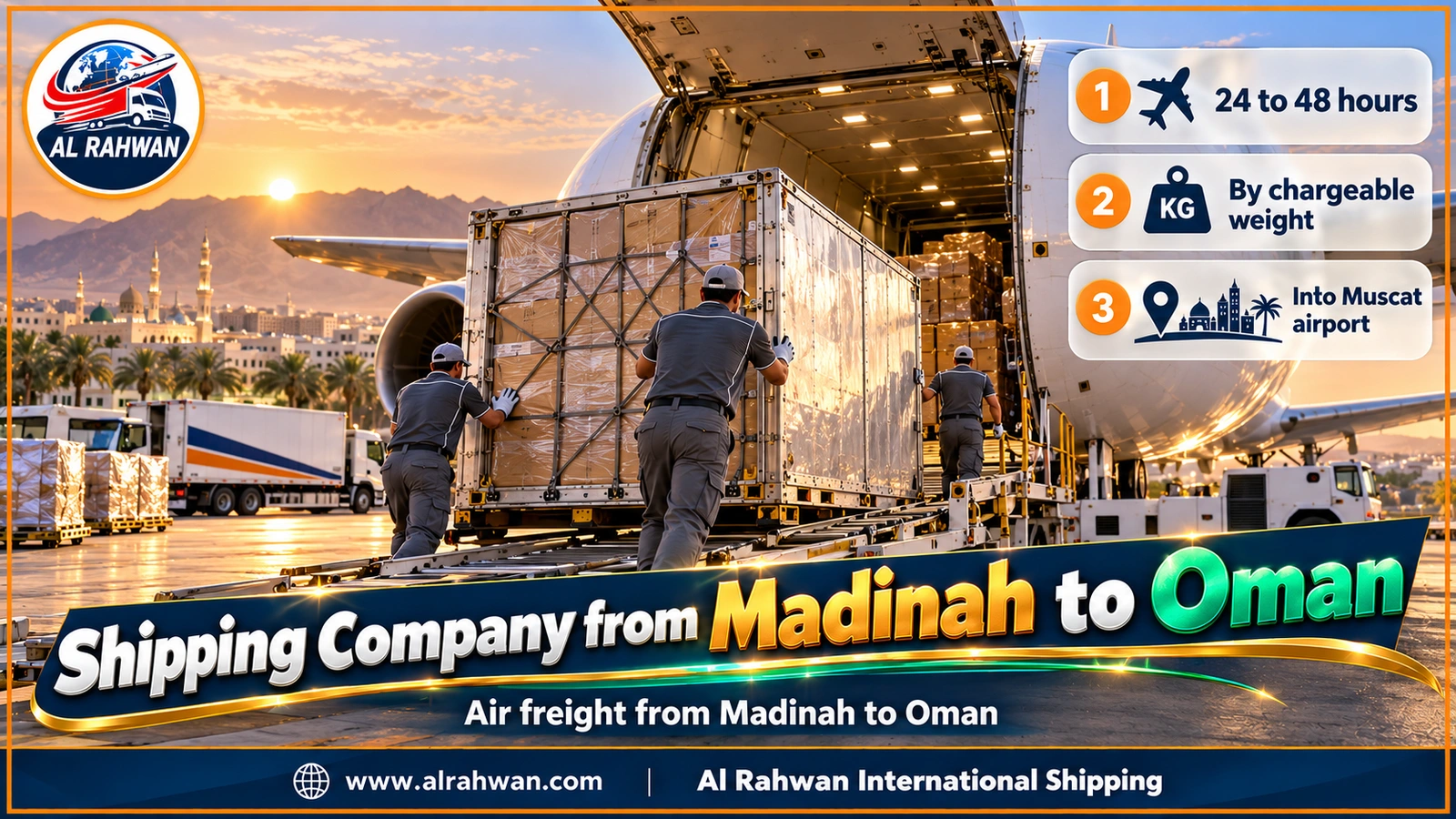Shipping company from Madinah to Oman - wrapped parcels on an air cargo pallet beside a freighter ready for the flight to Muscat