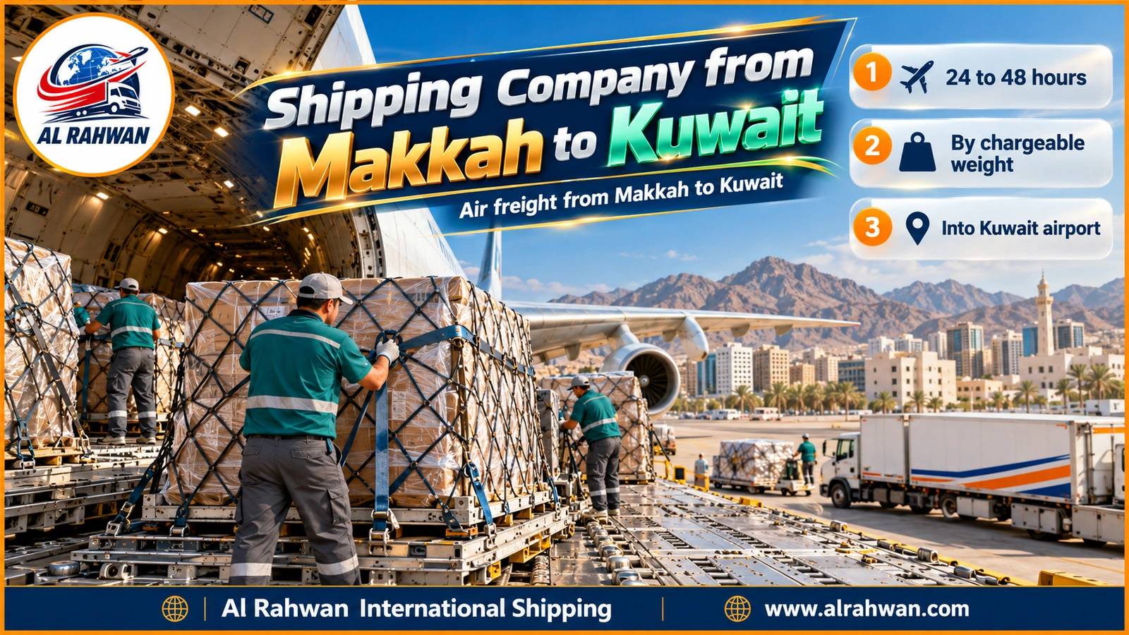 Air shipment of a shipping company from Makkah to Kuwait being loaded at King Abdulaziz Airport in Jeddah