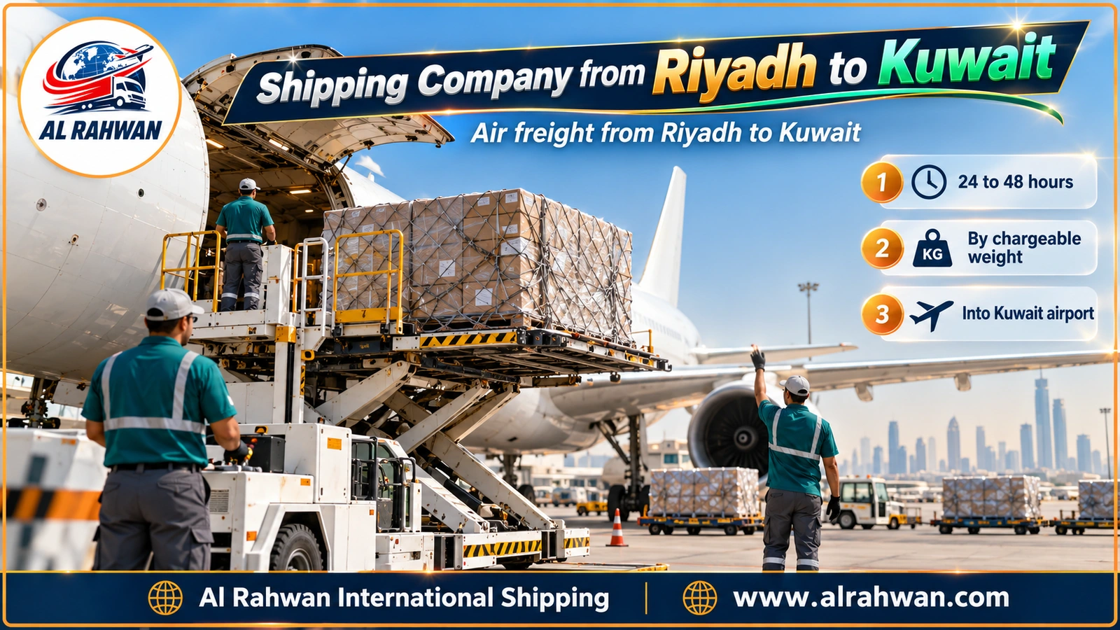 Shipping company from Riyadh to Kuwait - a forklift moves a pallet of cartons towards an aircraft container in an air cargo warehouse
