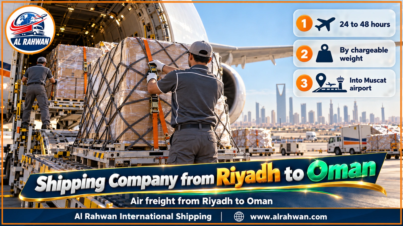 Shipping Company from Riyadh to Oman - wrapped cargo on an air freight pallet beside a cargo aircraft at King Khalid Airport in Riyadh, ready for the flight to Muscat