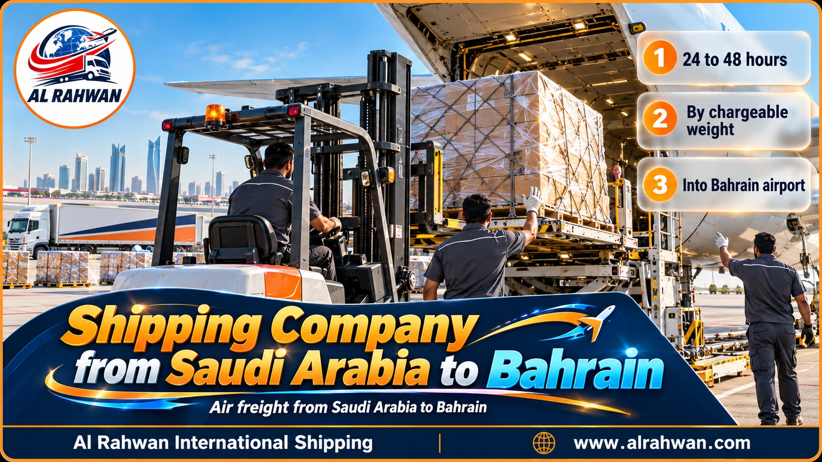 Shipping company from Saudi Arabia to Bahrain - a forklift moving a pallet of shrink-wrapped cartons towards an aircraft container in an air cargo warehouse