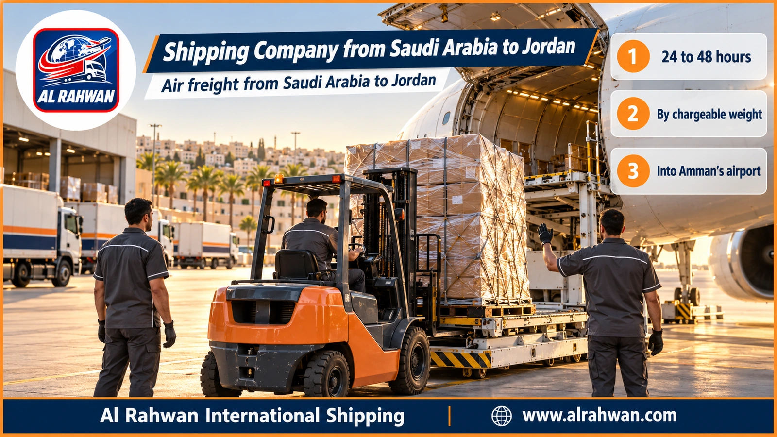 Shipping Company from Saudi Arabia to Jordan - wrapped air-freight parcels on a loading platform beside a cargo plane at a Saudi airport bound for Jordan