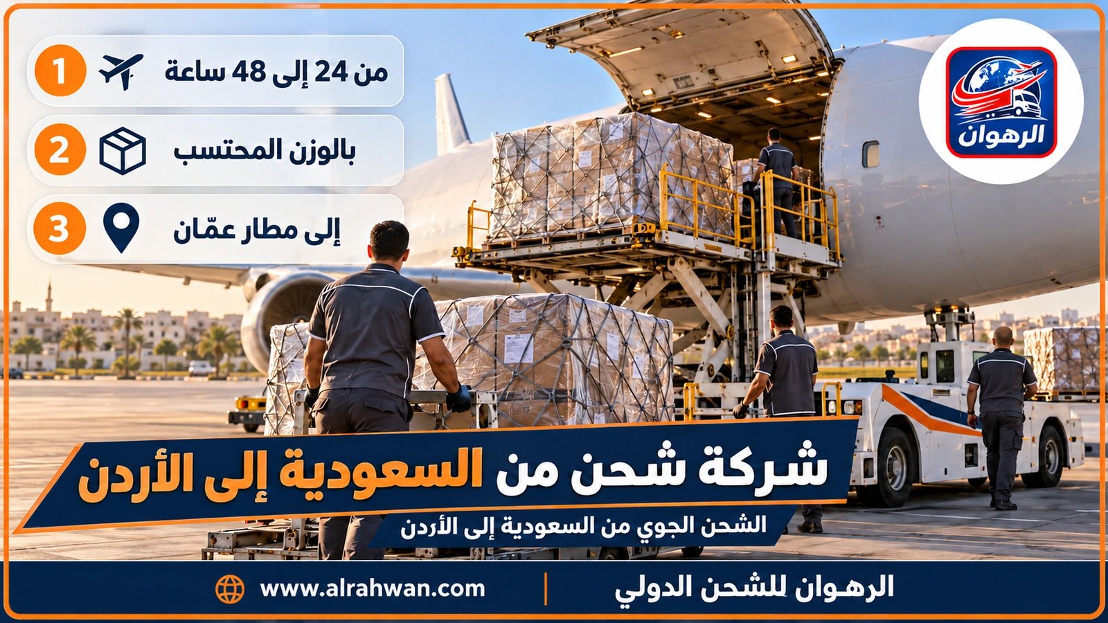 شركة شحن من السعودية إلى الأردن - طرود شحن جوي مغلفة على منصة تحميل بجانب طائرة شحن في مطار سعودي متجهة إلى الأردن