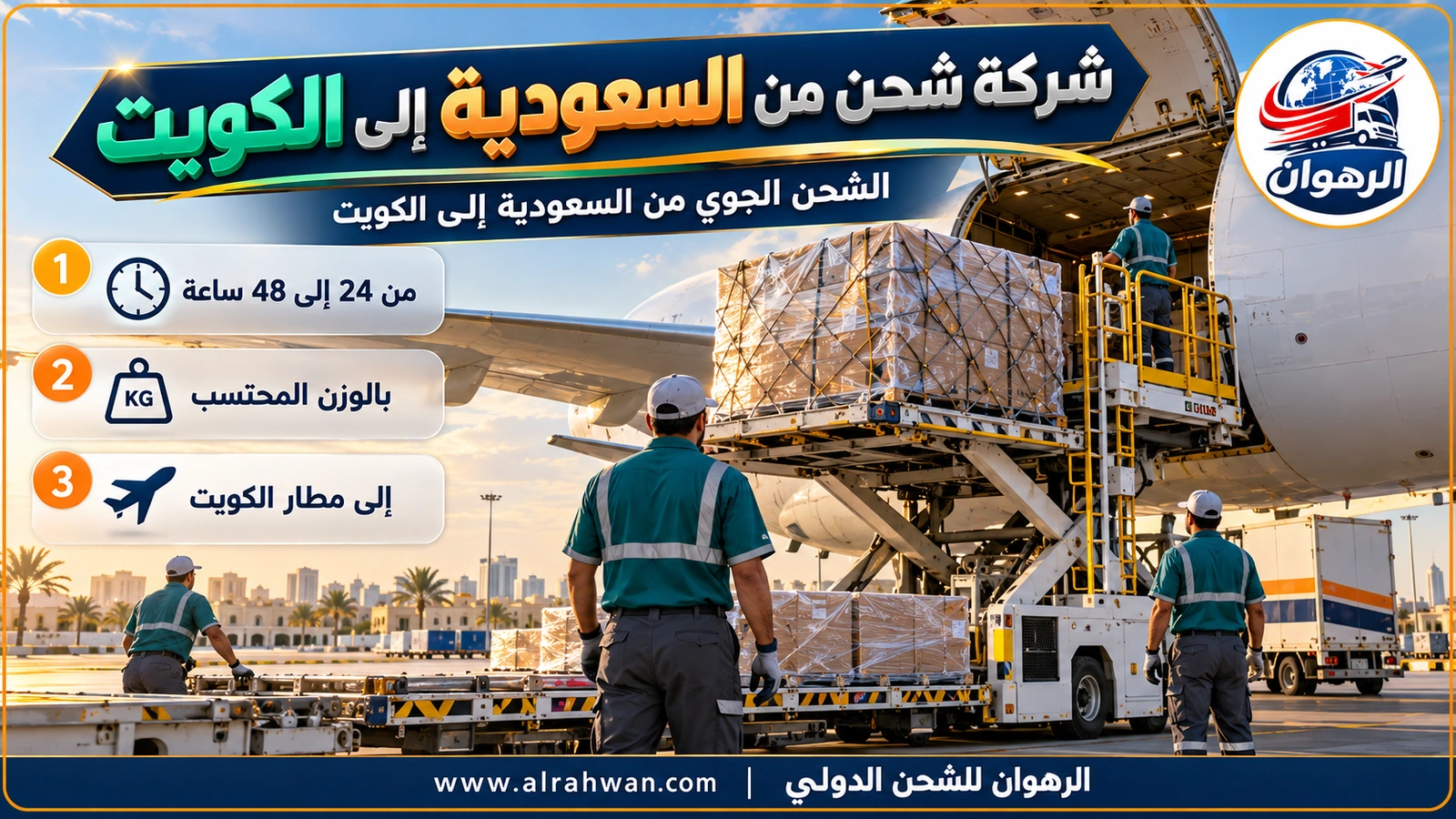 شحنات مغلفة تجهزها شركة شحن من السعودية إلى الكويت للشحن الجوي في المطار