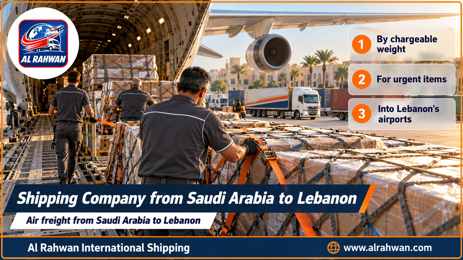 Shipping Company from Saudi Arabia to Lebanon - wrapped air freight parcels on a loading pallet at a Saudi airport bound for Lebanon