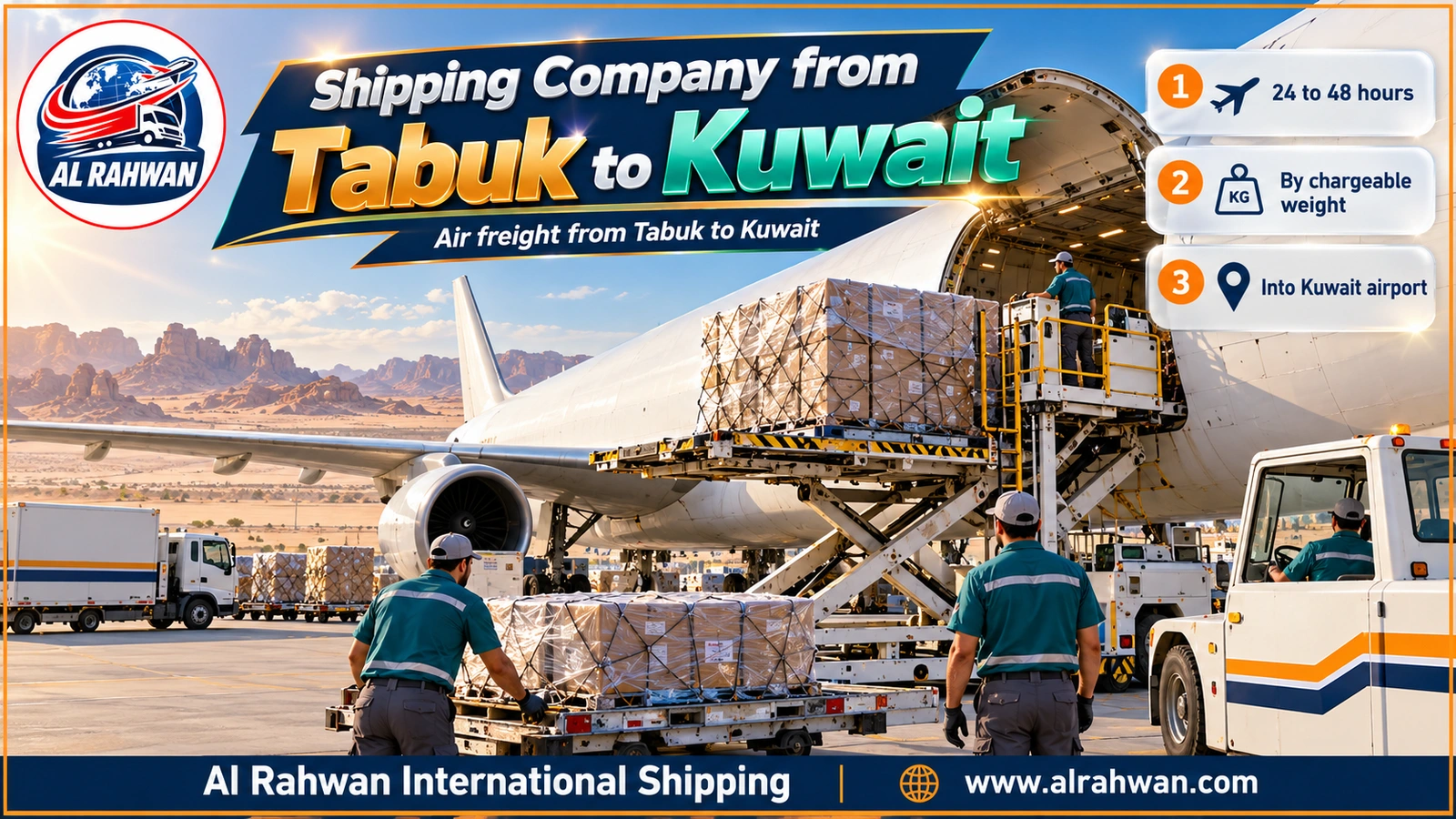 Urgent parcels of a shipping company from Tabuk to Kuwait being loaded into an air cargo container