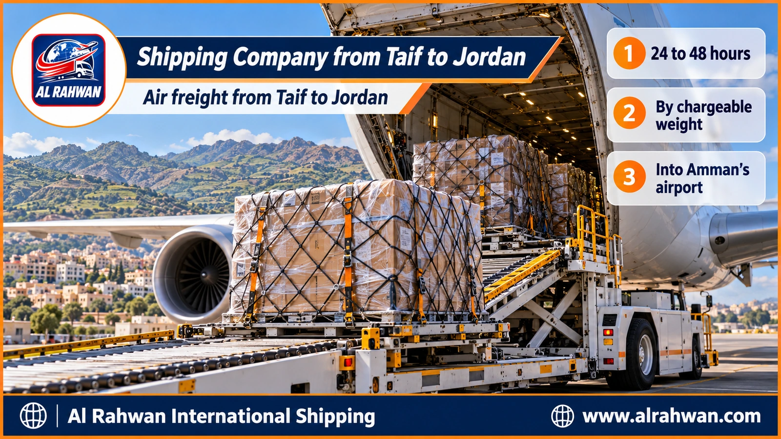 Shipping Company from Taif to Jordan - urgent parcels stacked inside an air cargo container being loaded onto a plane bound for Queen Alia International Airport