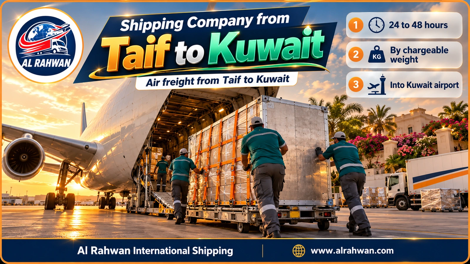 Air cargo boxes of a shipping company from Taif to Kuwait being loaded on the airport apron