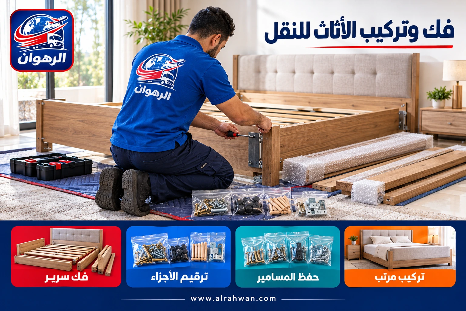فني يفك سريرًا خشبيًا مع ترتيب القطع وتخصيص كيس للمسامير