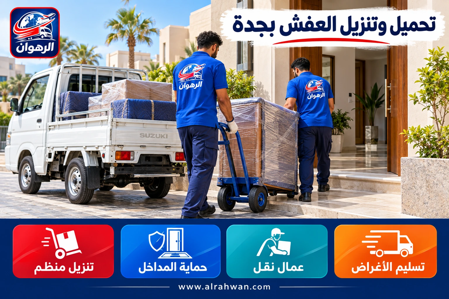 عاملان ينزلان قطعة أثاث مغلفة من دباب إلى مدخل منزل