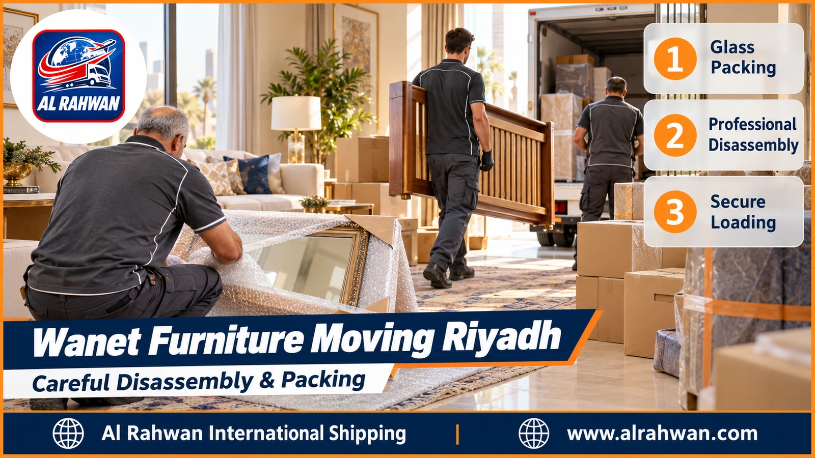 Packing and disassembling furniture before wanet moving - crew carefully wrapping and loading furniture