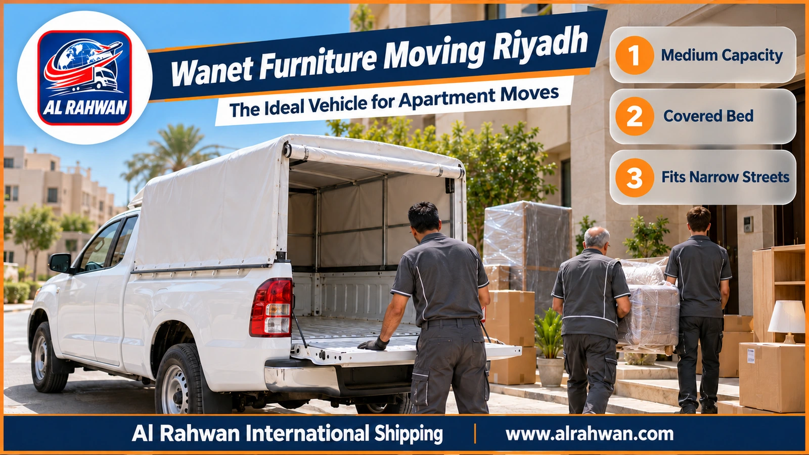 Wanet furniture moving truck in Riyadh - covered pickup equipped for furniture transport on a Riyadh street