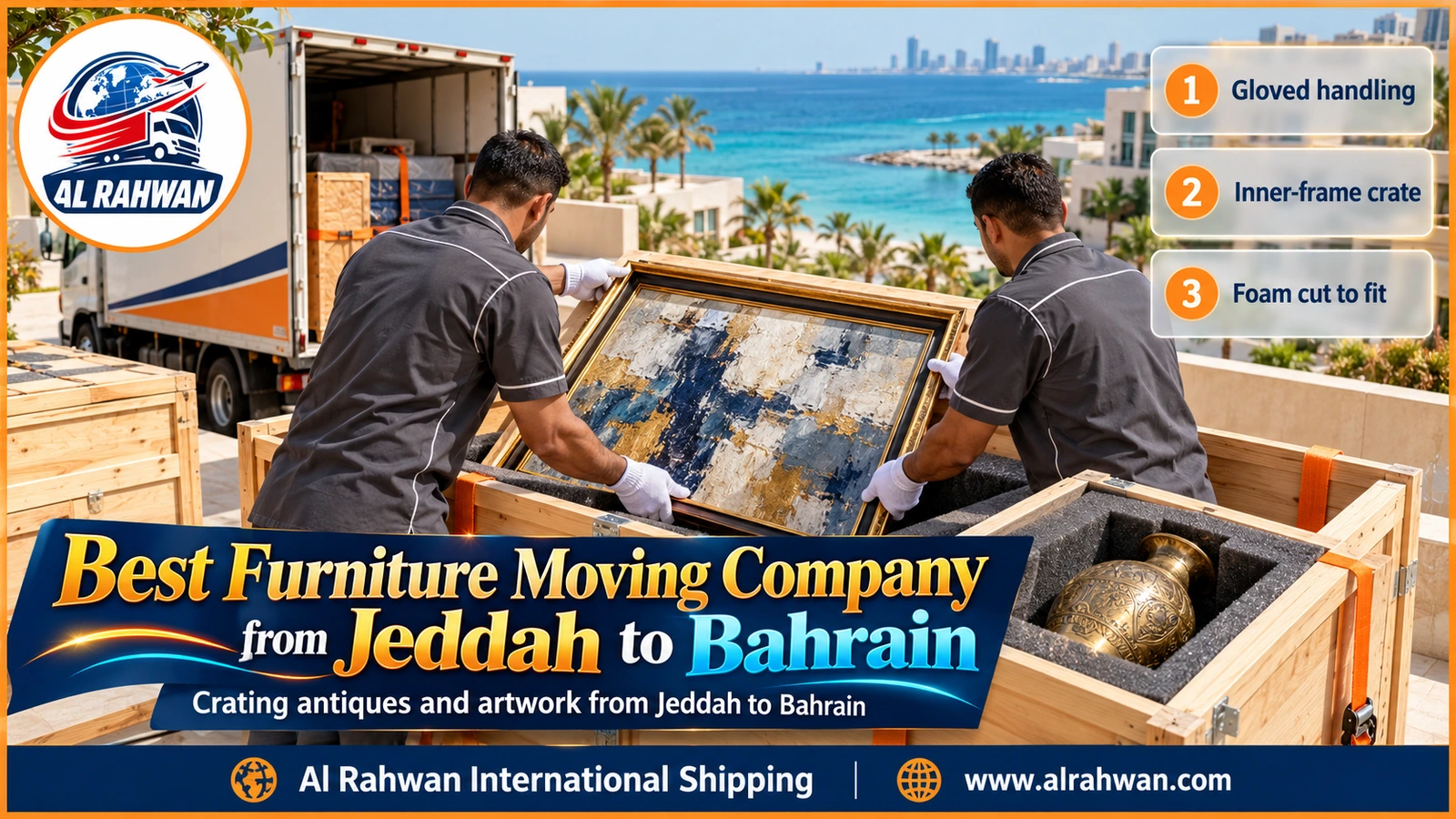 Best furniture moving company from Jeddah to Bahrain - a carpenter placing a wrapped painting into a padded wooden crate beside antiques wrapped in paper