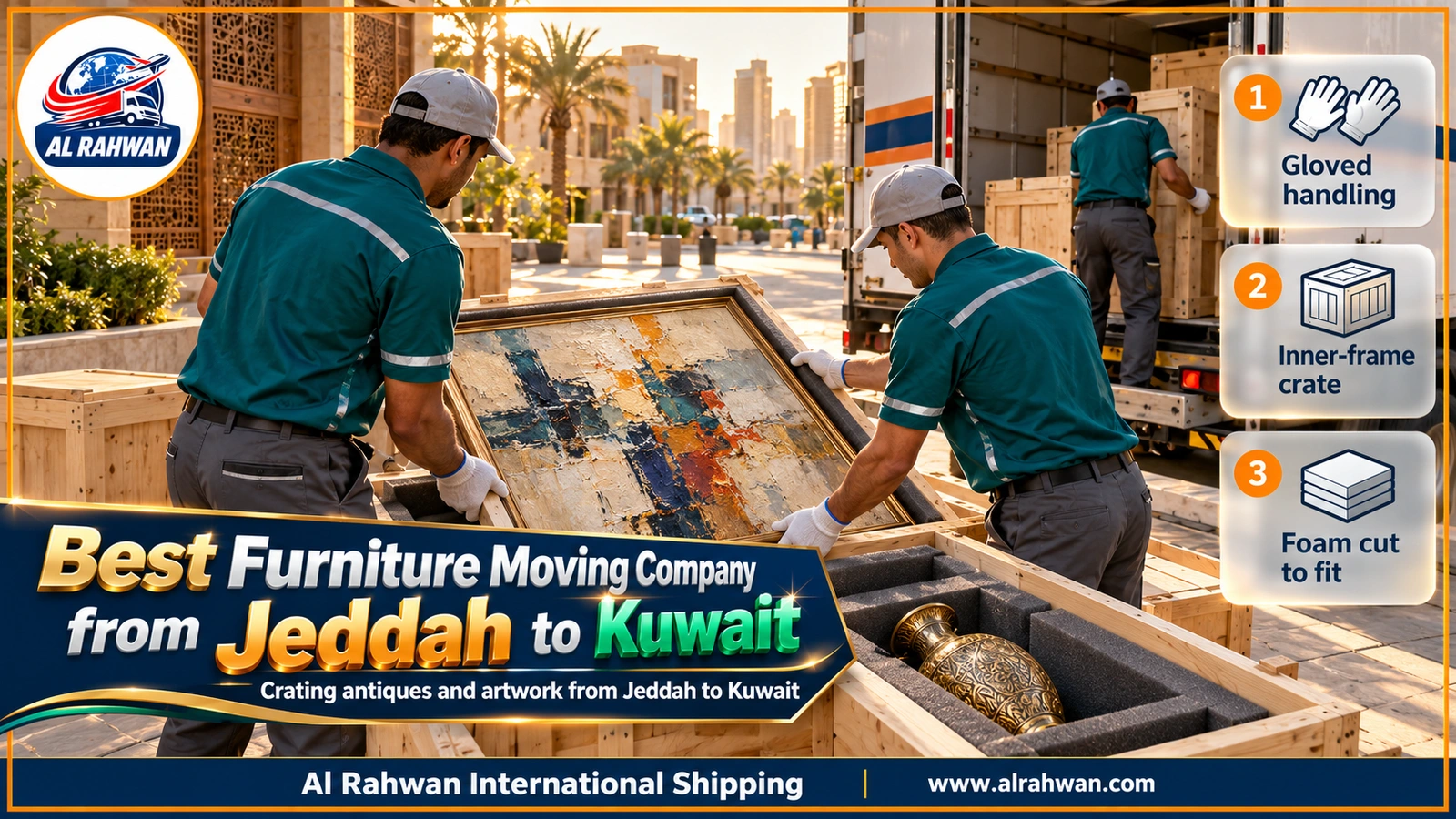 Best furniture moving company from Jeddah to Kuwait - white-gloved hands lowering a framed painting into a foam-lined wooden crate beside a brass vase