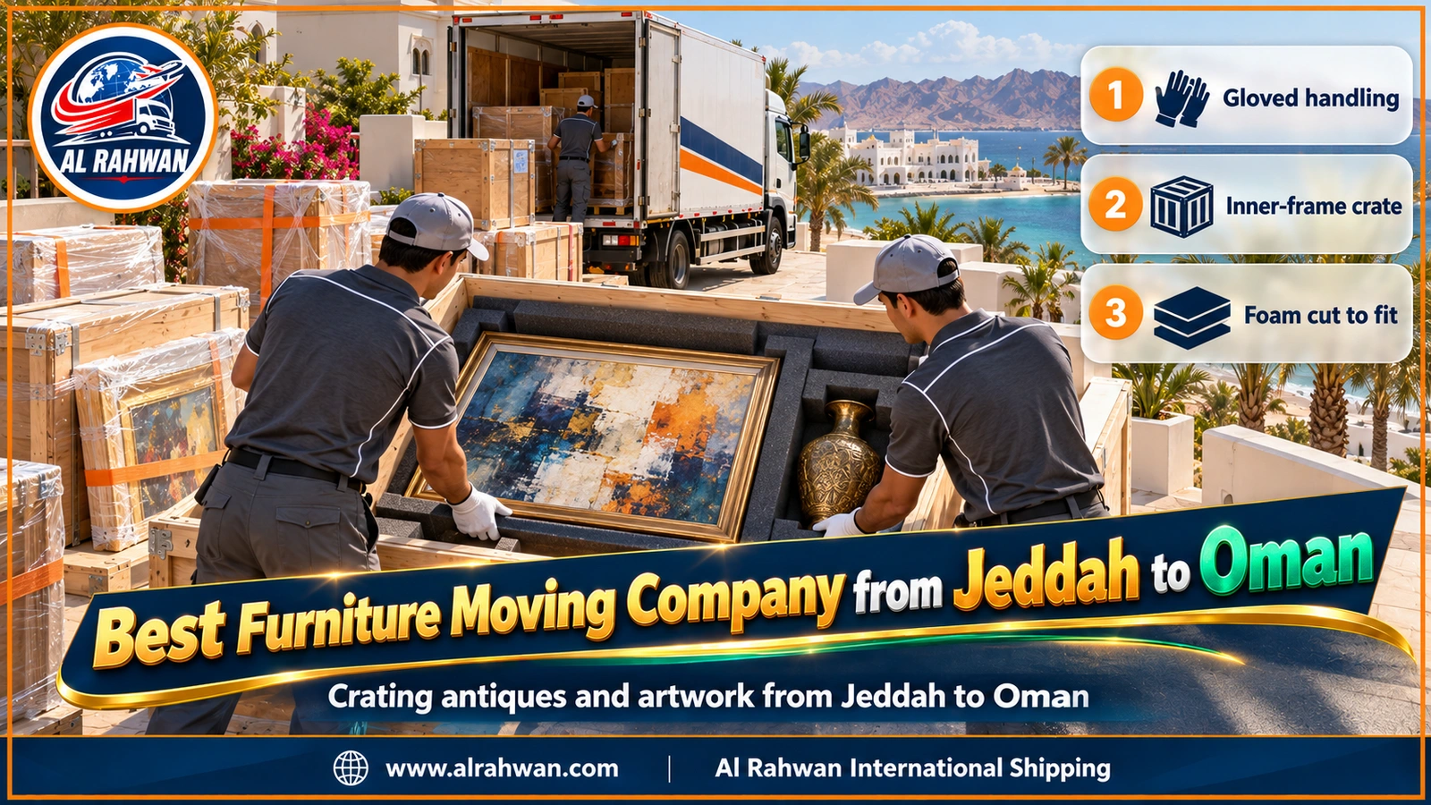 best furniture moving company from Jeddah to Oman - a carpenter placing a board-wrapped painting into a flat wooden crate beside wrapped wooden antiques in a Jeddah workshop