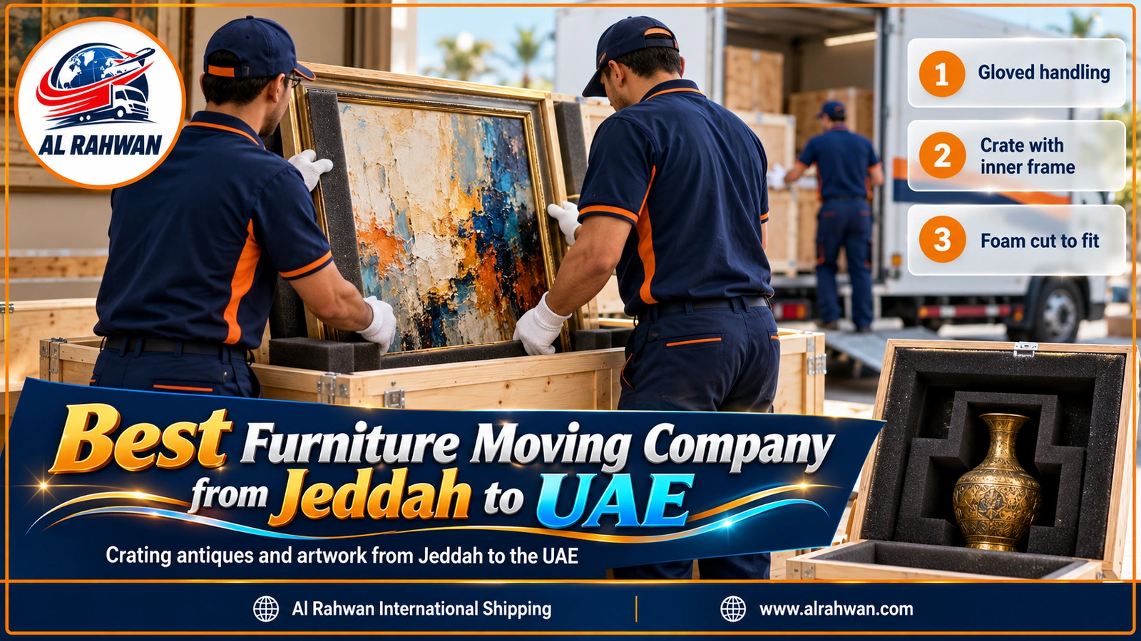 Framed painting and ceramic antiques being placed in a padded wooden crate in Jeddah before the move to the UAE