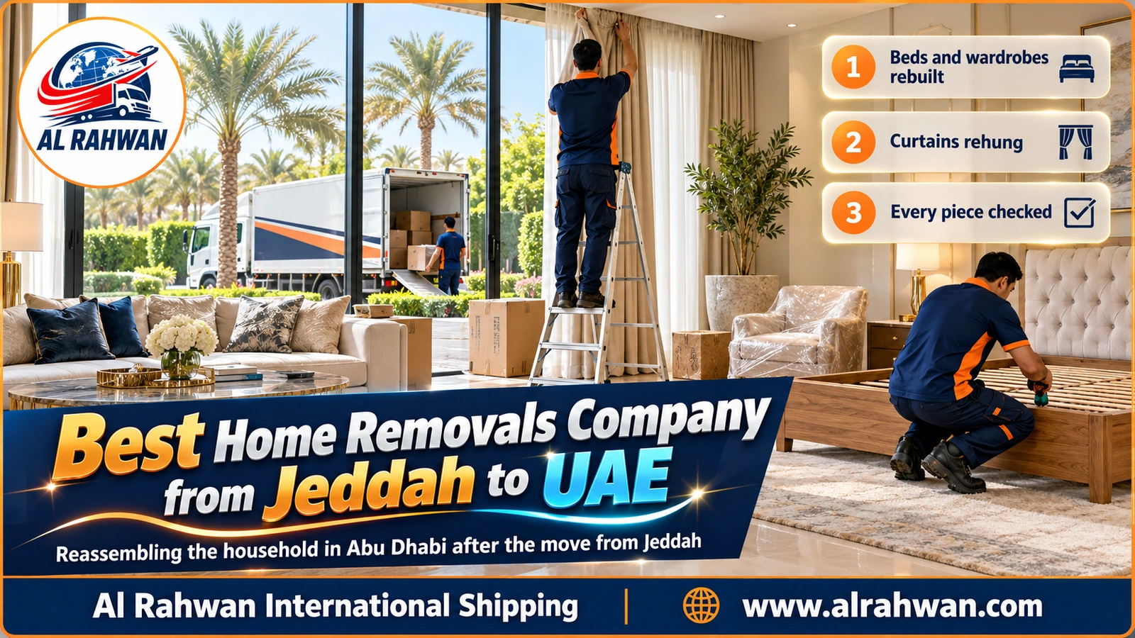The Al Rahwan crew assembling a bedroom and arranging furniture in an Abu Dhabi apartment after a home removal from Jeddah