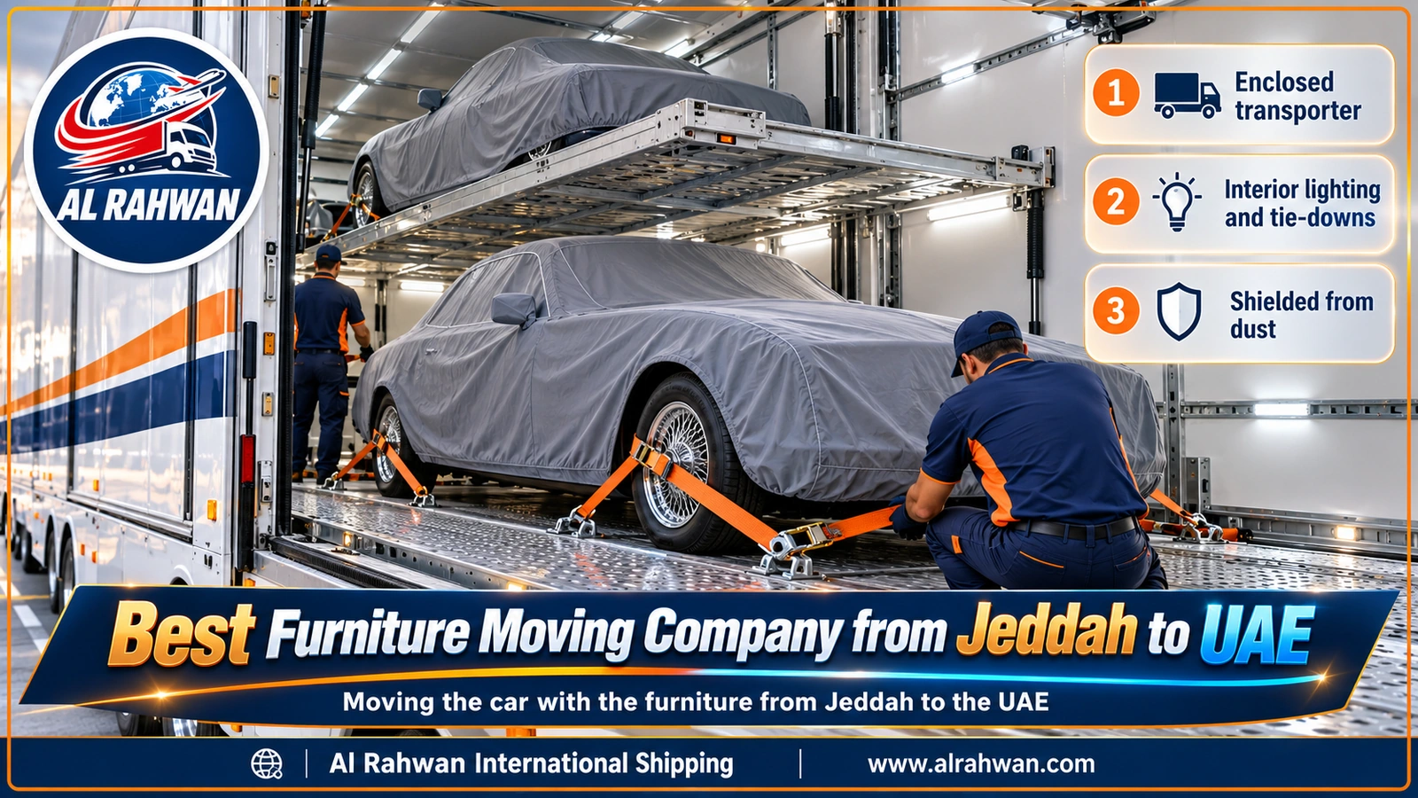 Covered and strapped cars on a long multi-deck transporter leaving Jeddah for the UAE
