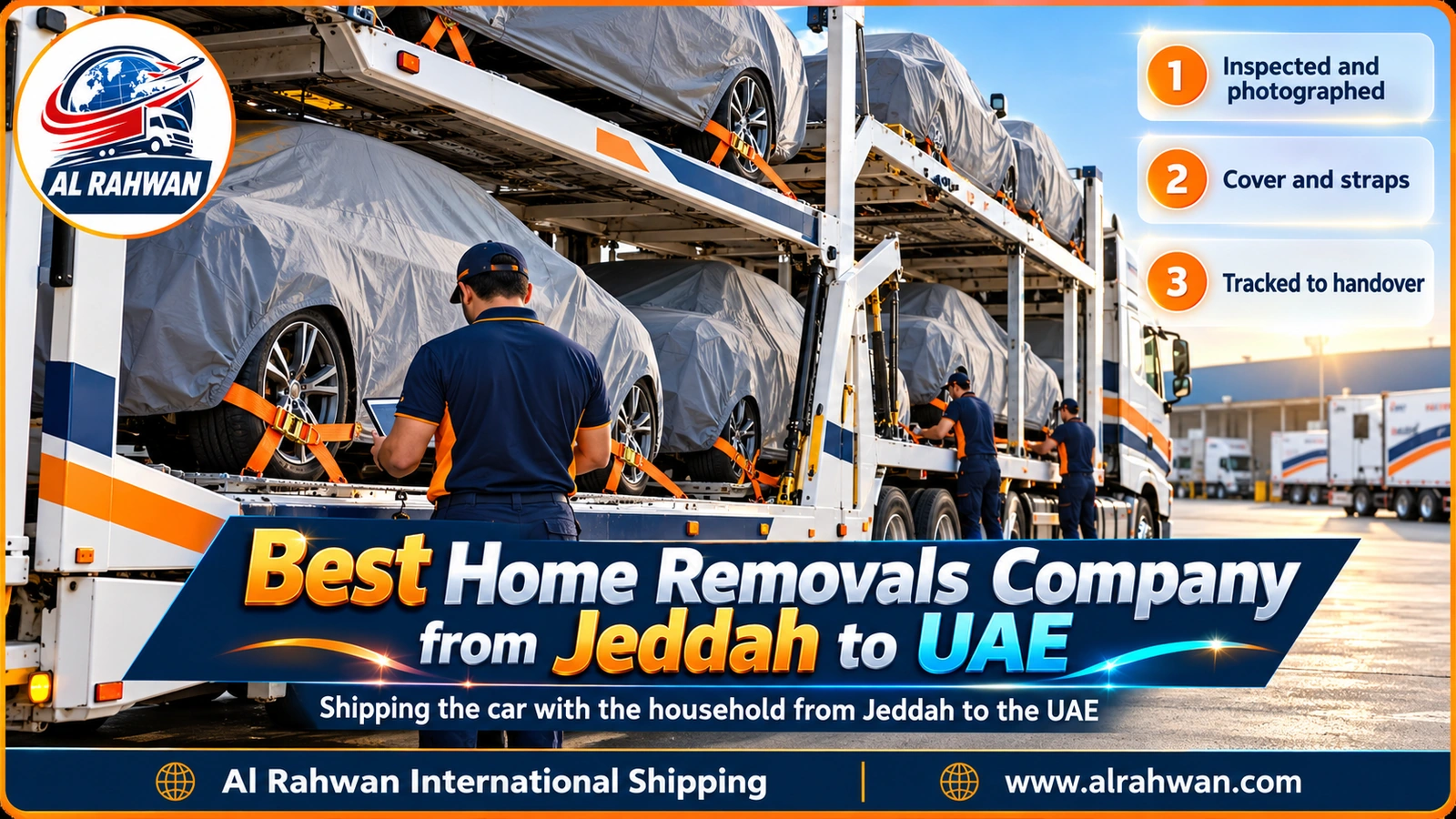 A covered car strapped onto a multi-deck car carrier leaving Jeddah with the household shipment to the UAE