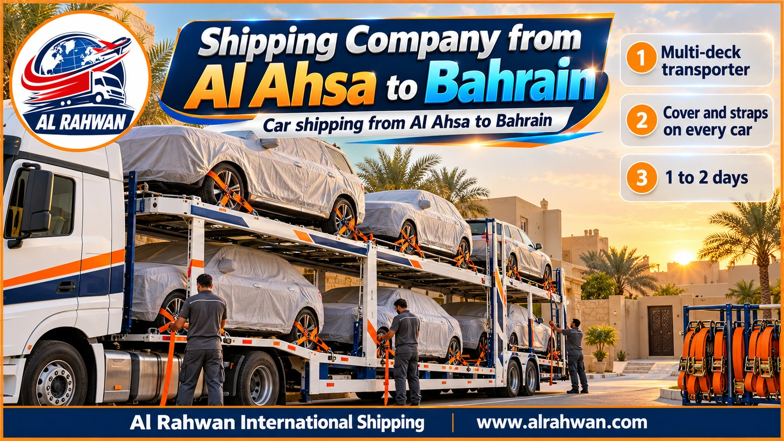 Shipping company from Al Ahsa to Bahrain - a white two-deck car carrier loaded with covered sedans and SUVs under orange straps in a yard near Hofuf