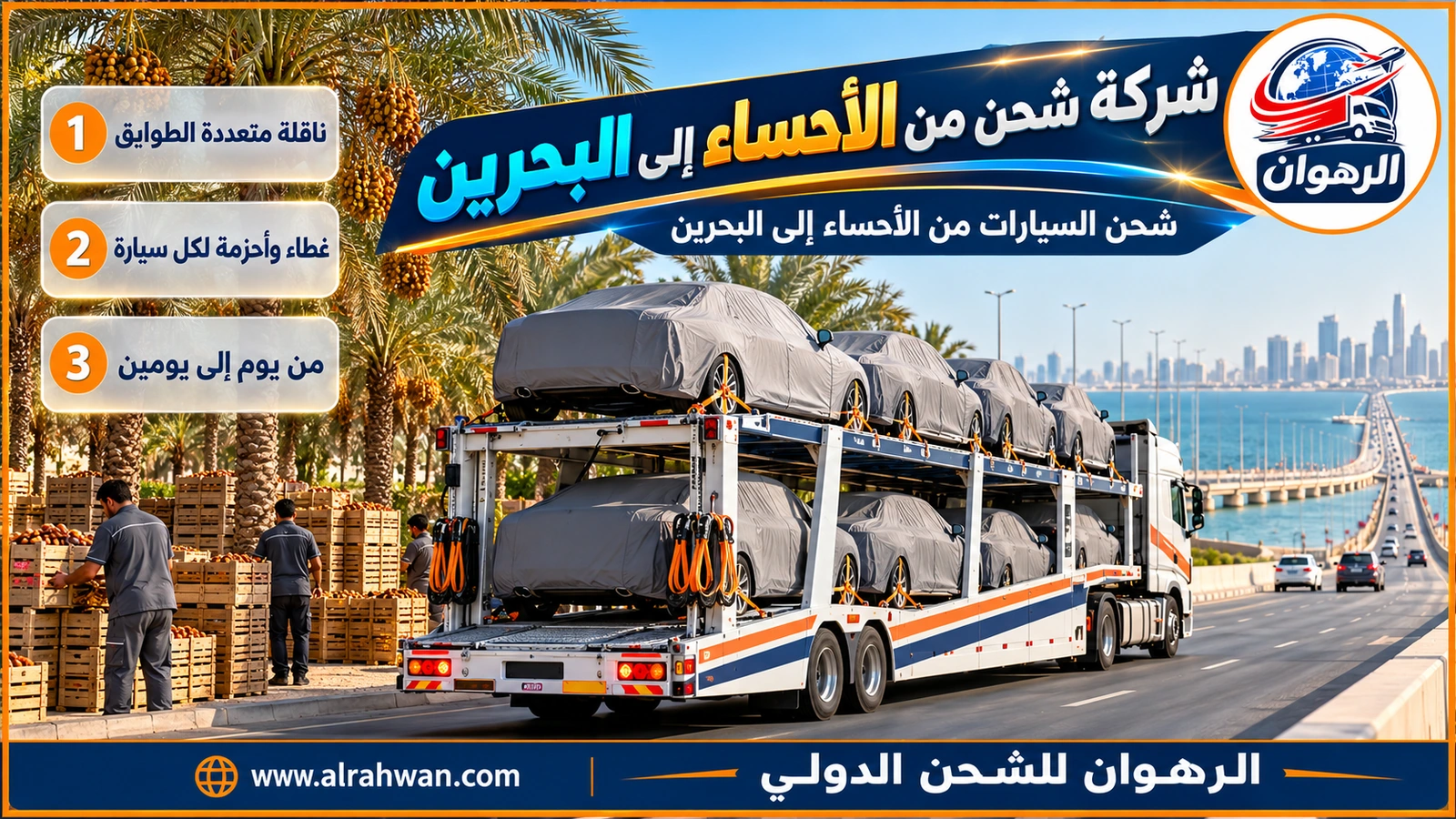 شركة شحن من الأحساء إلى البحرين - ناقلة سيارات بيضاء بطابقين تحمل سيارات سيدان ودفع رباعي مغطاة بأحزمة برتقالية في ساحة قرب أحياء الهفوف