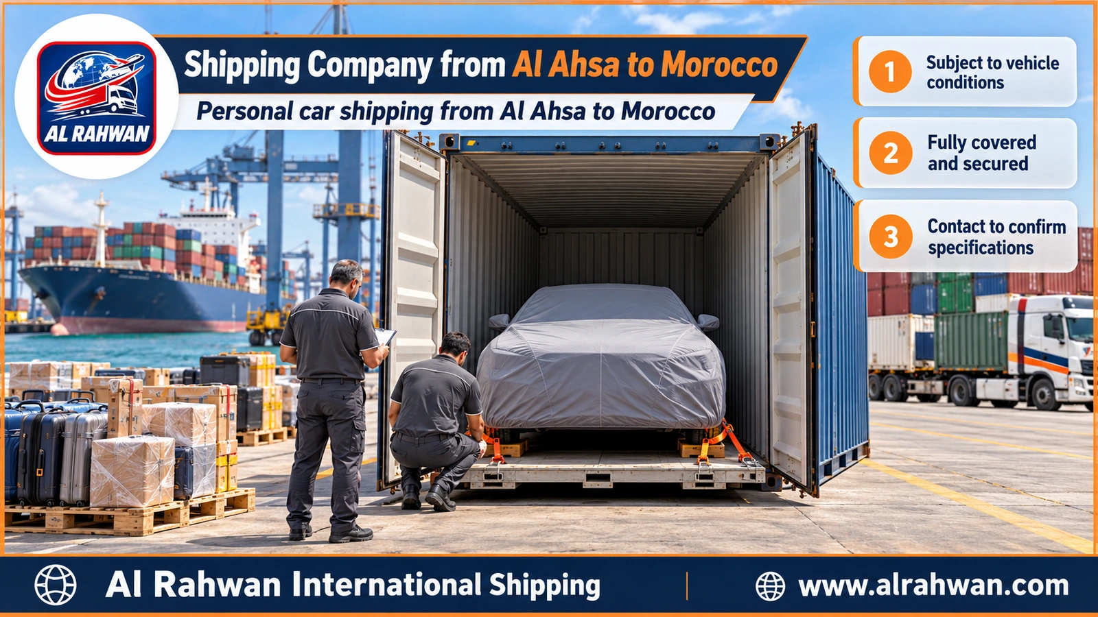 Shipping Company from Al Ahsa to Morocco - a car wrapped in a protective cover being loaded into a sea freight container at Jeddah port