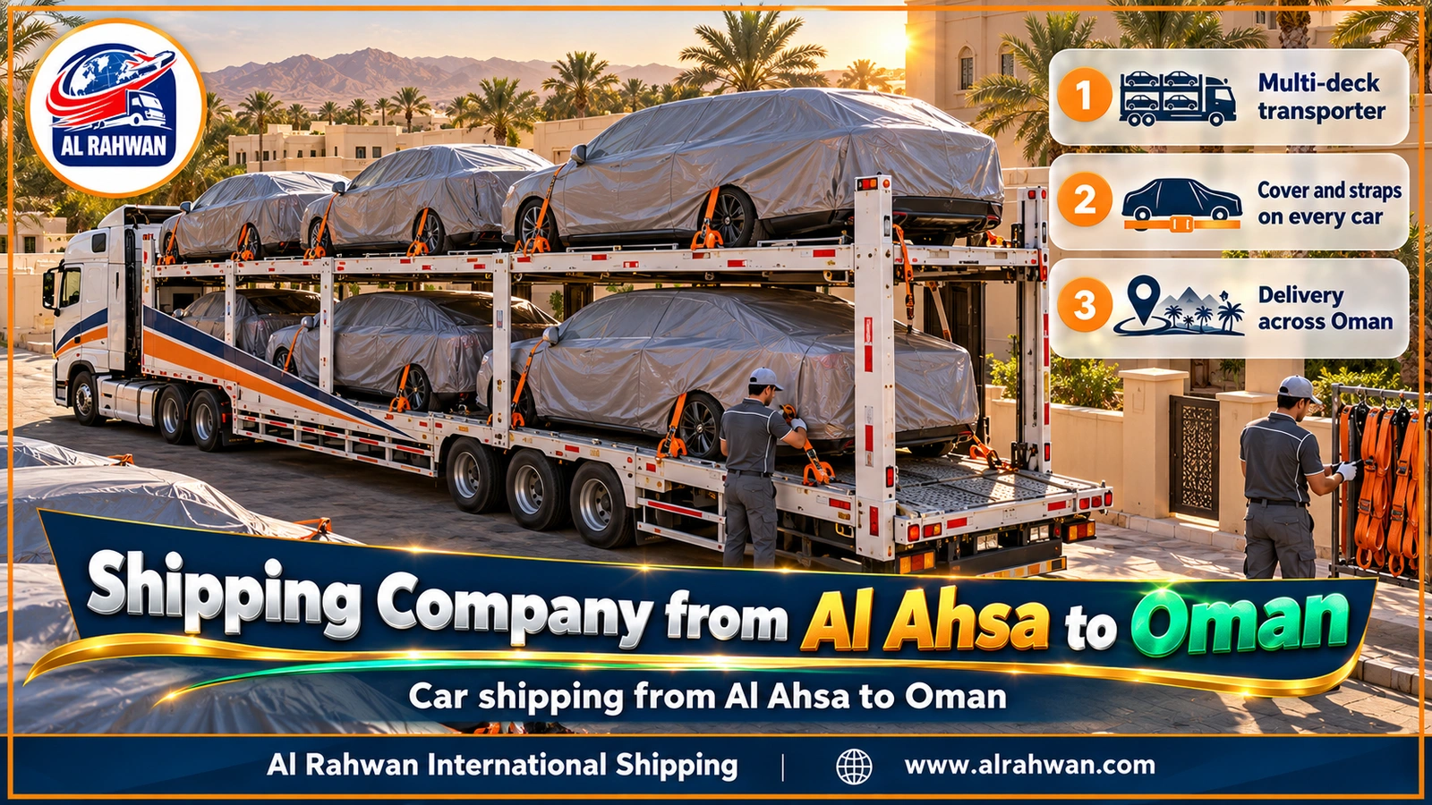 Shipping Company from Al Ahsa to Oman - a multi-deck car carrier with covered, strapped cars on the road from Al Ahsa to Oman