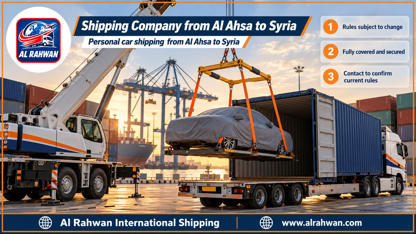 Shipping Company from Al-Ahsa to Syria - a car wrapped in a protective cover and secured with tie-down straps inside a sea freight container at Jeddah Port