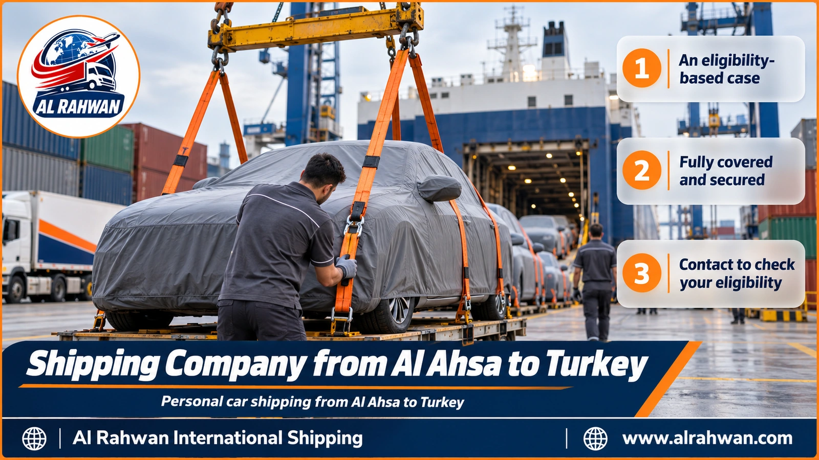 Shipping Company from Al Ahsa to Turkey - a car wrapped in a protective cover loaded inside a prepared shipping container on the quay of Jeddah port before sailing to Turkey