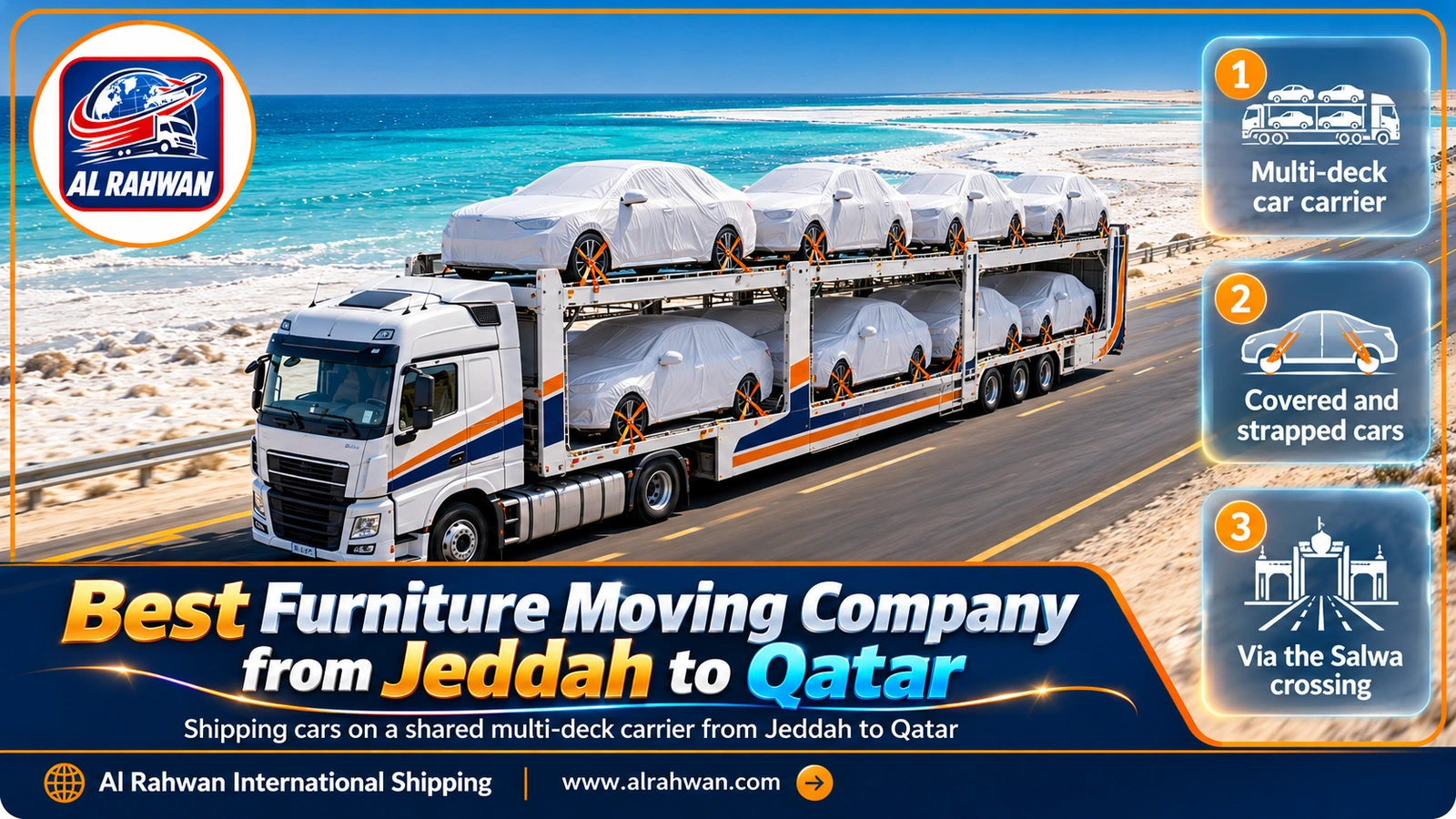 Car transporter from the best furniture moving company from Jeddah to Qatar carrying covered and strapped cars