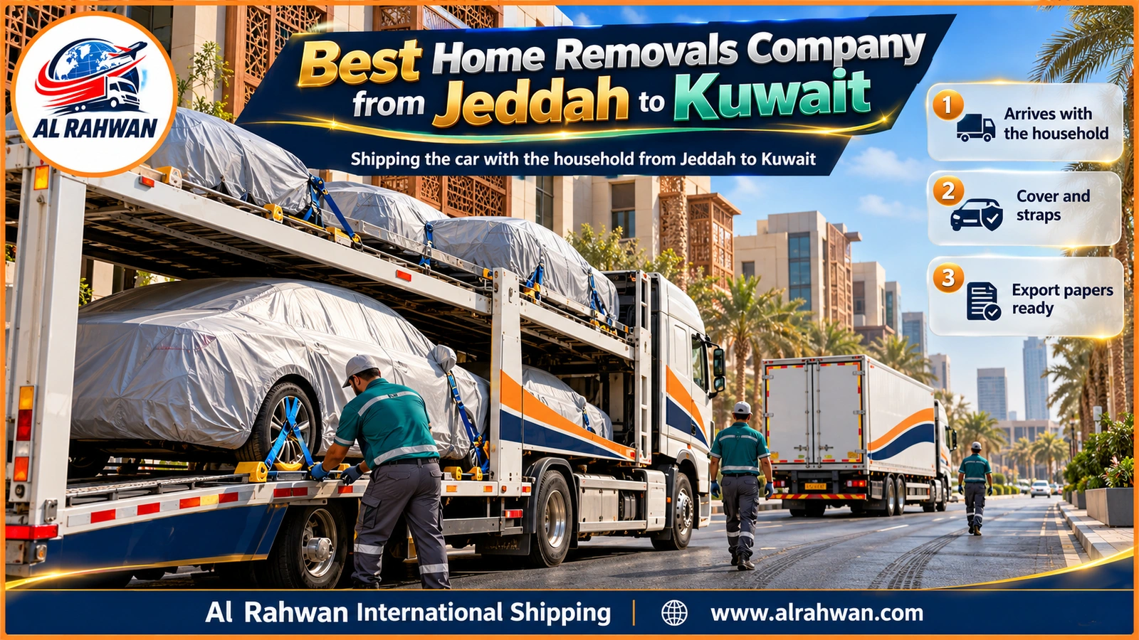 Best home removals company from Jeddah to Kuwait - covered family sedan on the lower deck of a car transporter followed by the household truck