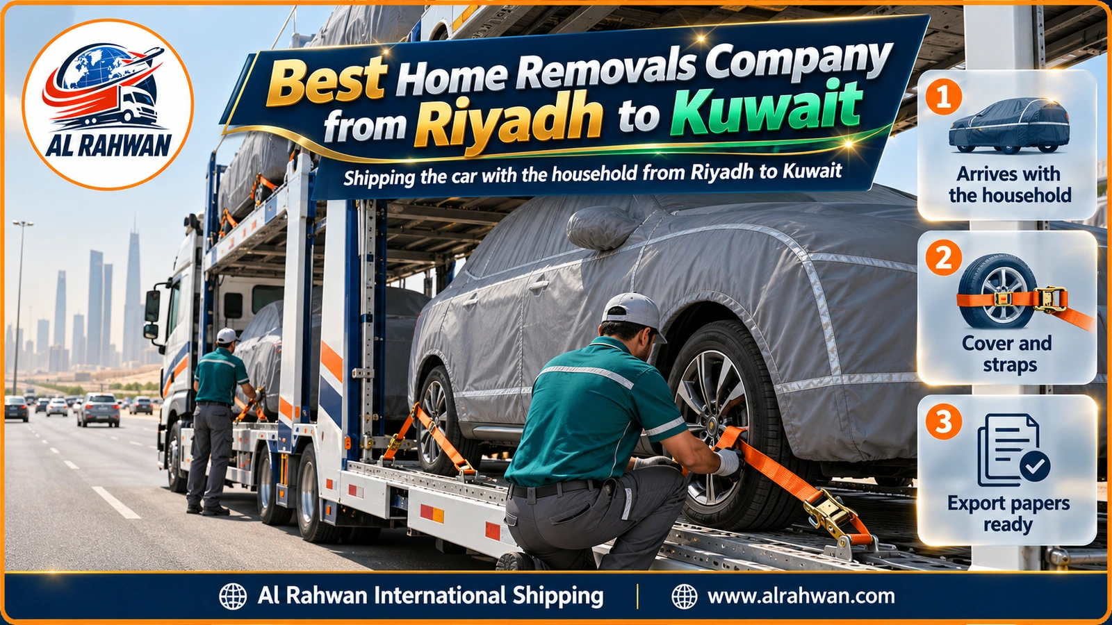 Best home removals company from Riyadh to Kuwait - a covered car strapped onto a car transporter