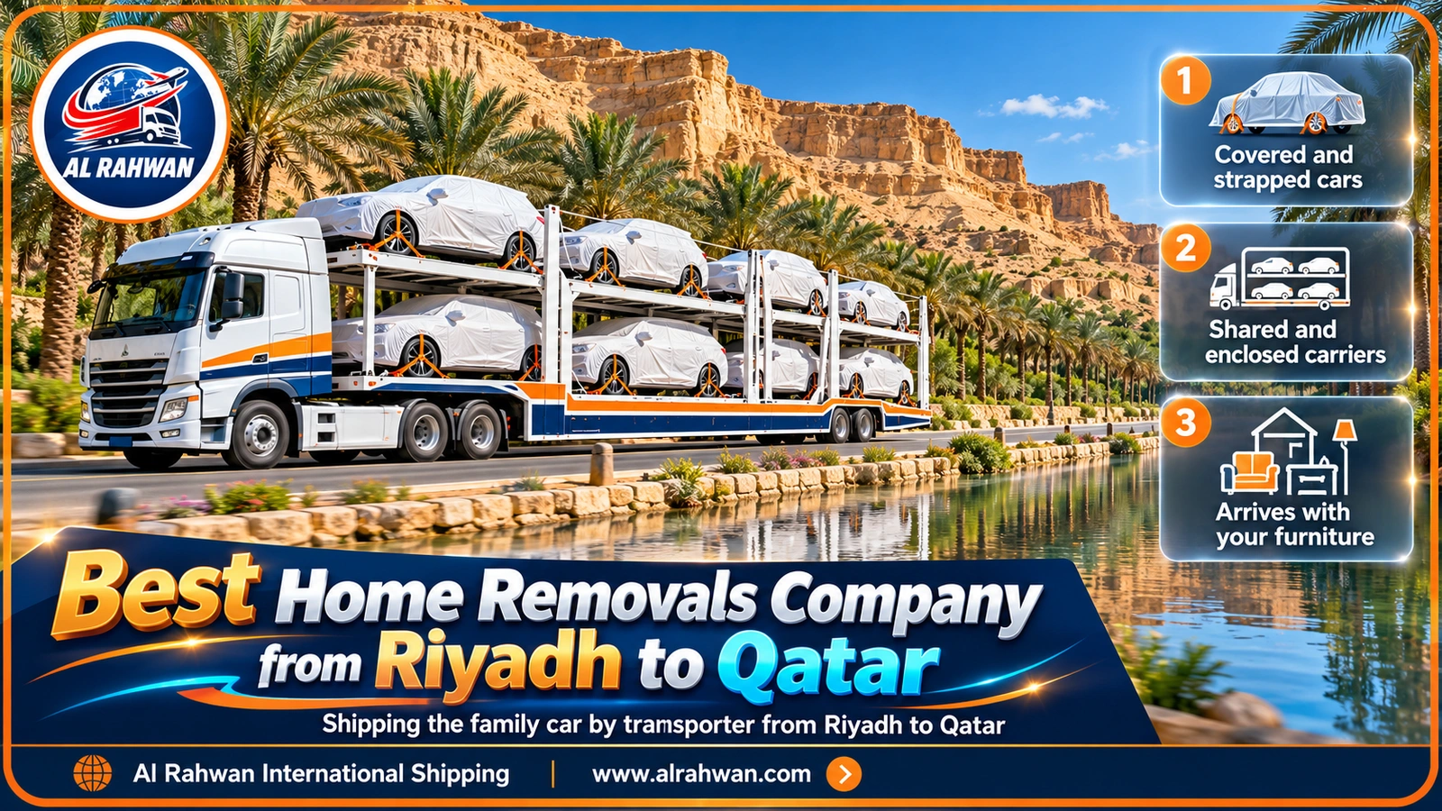 best home removals company from Riyadh to Qatar - multi-deck car transporter carrying covered cars through Wadi Hanifa