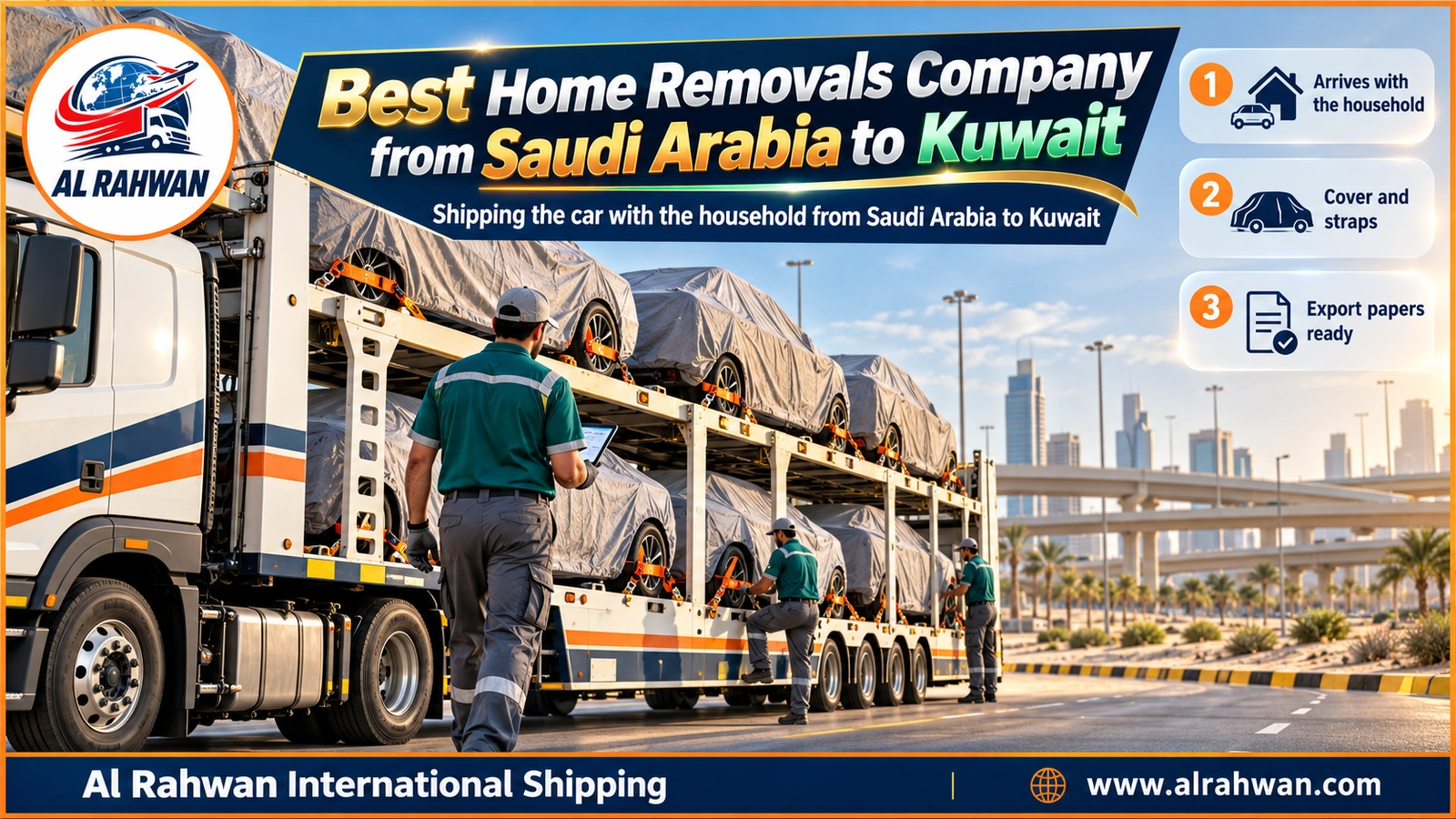 Supervisor seen from behind walking alongside covered cars on a car carrier, checking the orange wheel straps at a loading point before Kuwait