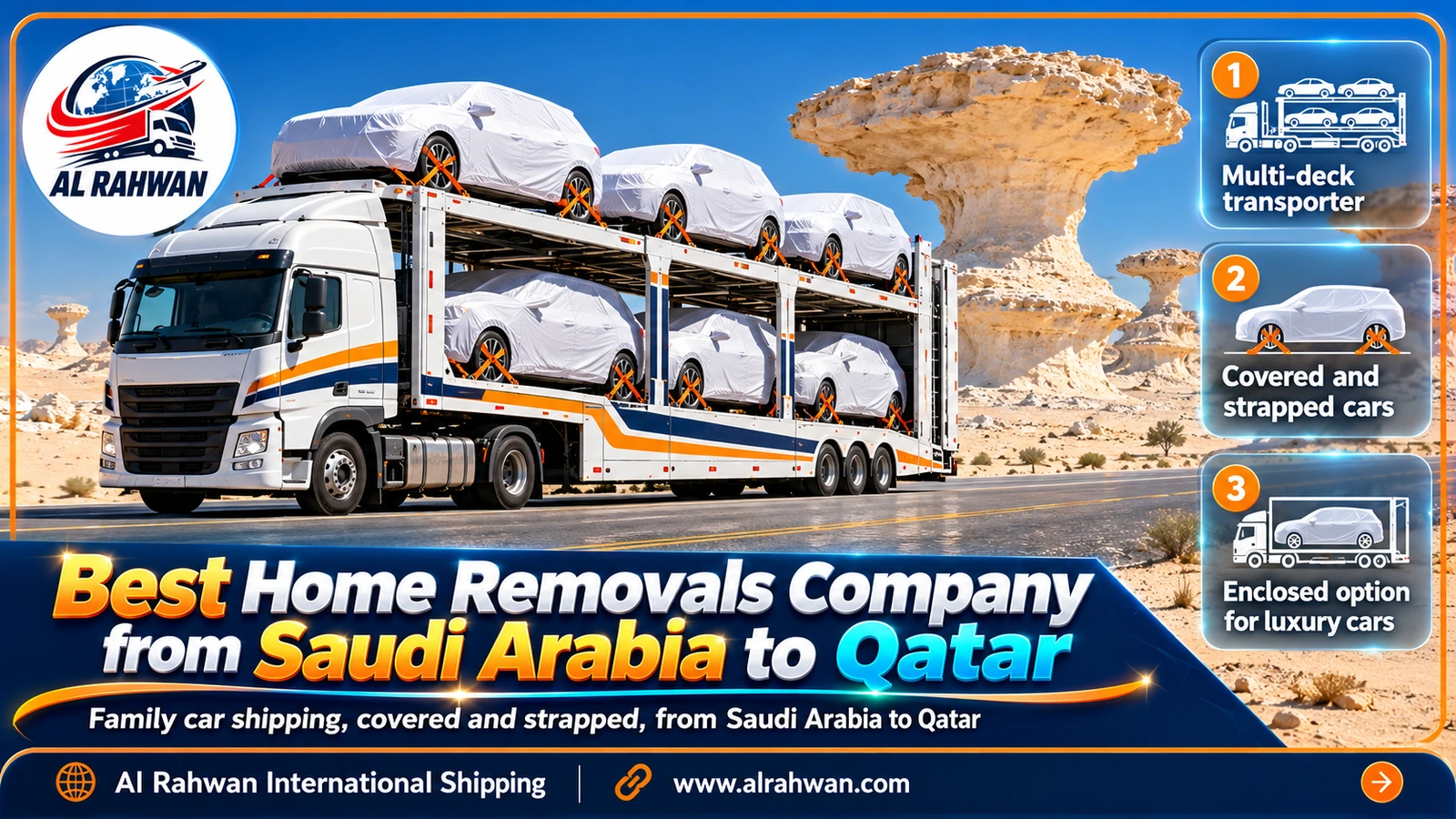 Best home removals company from Saudi Arabia to Qatar – covered, strapped cars on a multi-deck transporter