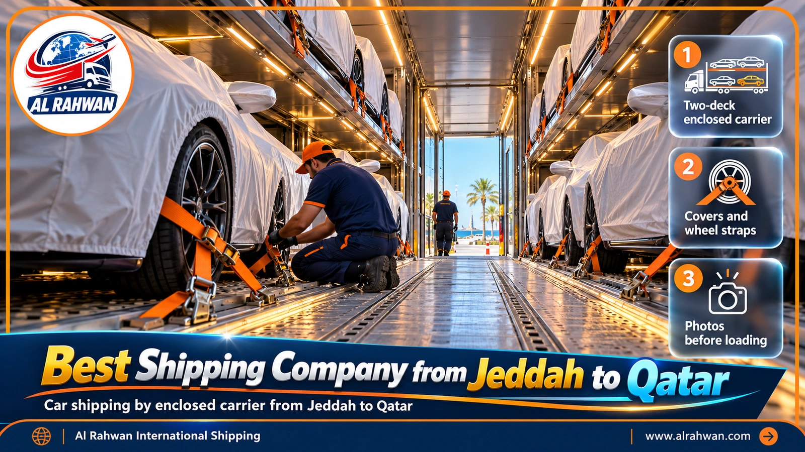 Covered and strapped cars inside an enclosed carrier with the best shipping company from Jeddah to Qatar