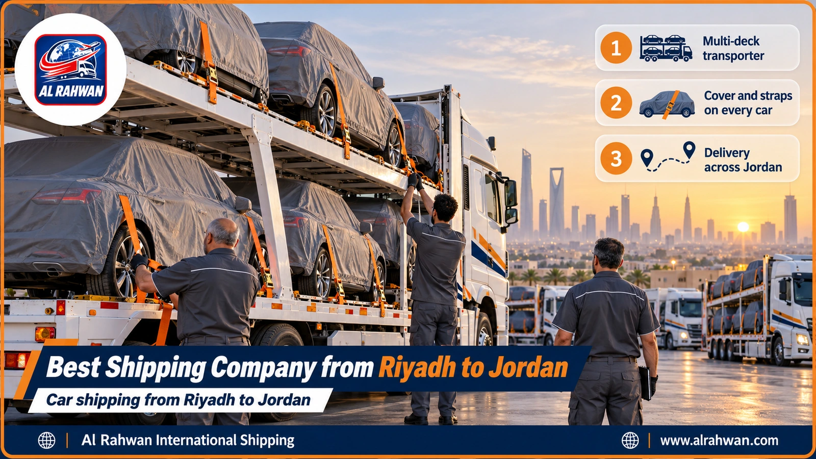 Best Shipping Company from Riyadh to Jordan - luxury cars and four-wheel drives covered and strapped on a multi-deck carrier moving out of Riyadh towards the Al-Haditha crossing