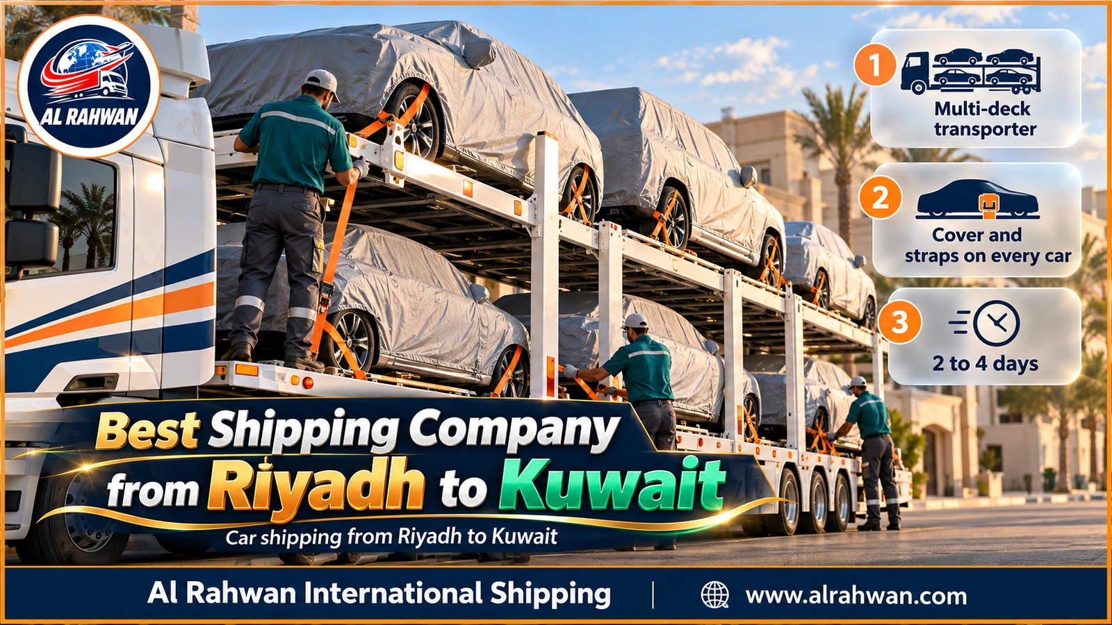 Best shipping company from Riyadh to Kuwait - a multi-deck carrier loaded with covered sedans and SUVs held by orange straps