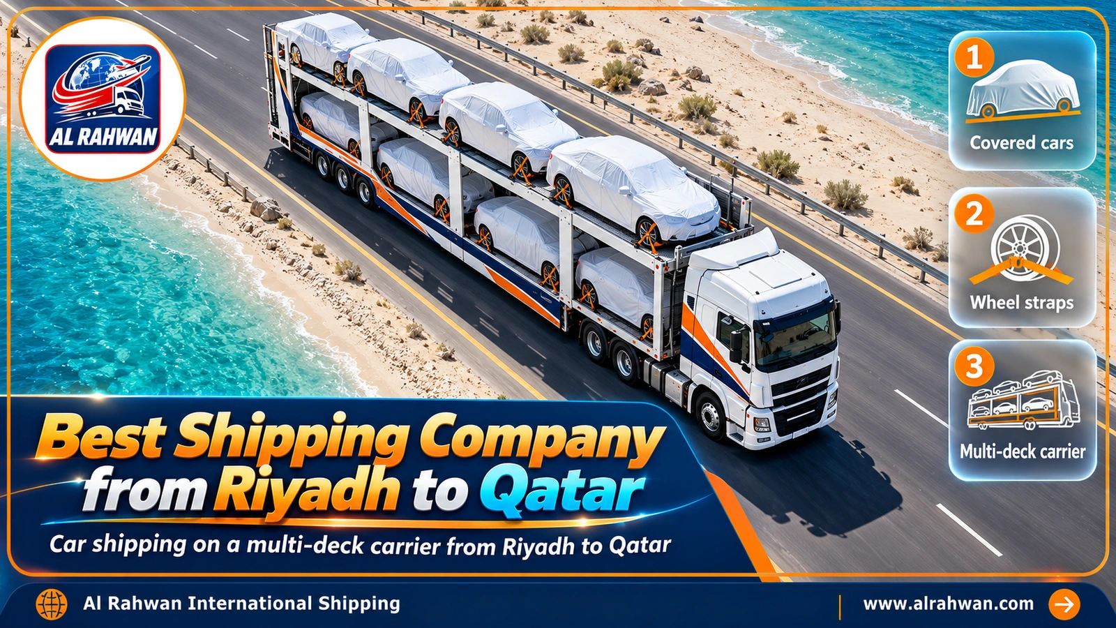 Covered and strapped cars on an Al Rahwan carrier from Riyadh to Qatar