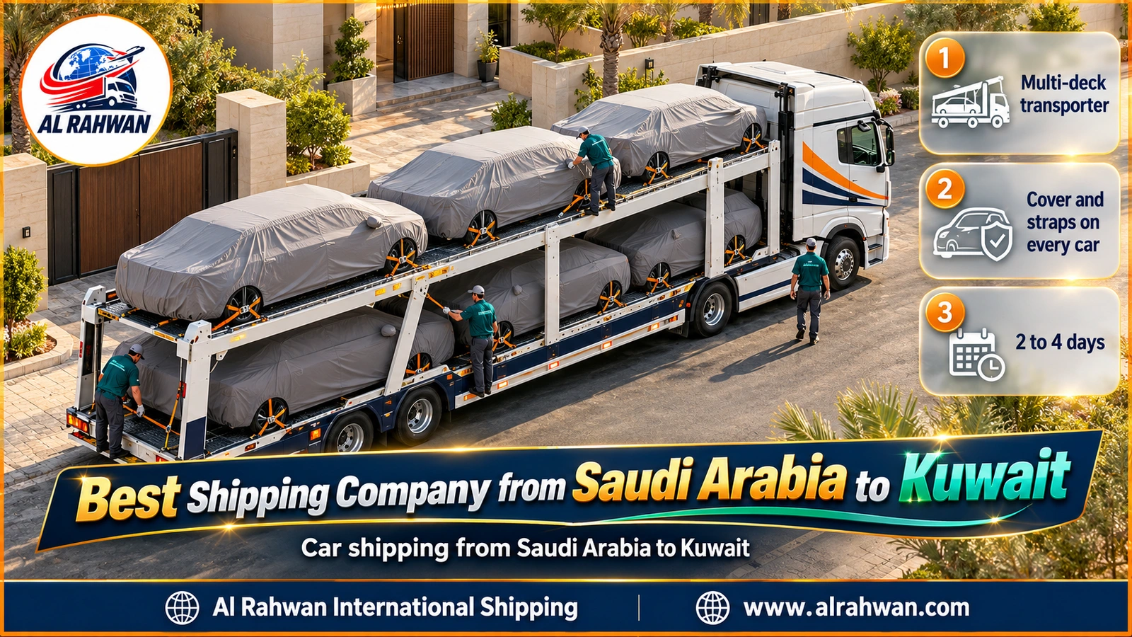 Covered, strapped cars on a multi-deck carrier of the best shipping company from Saudi Arabia to Kuwait