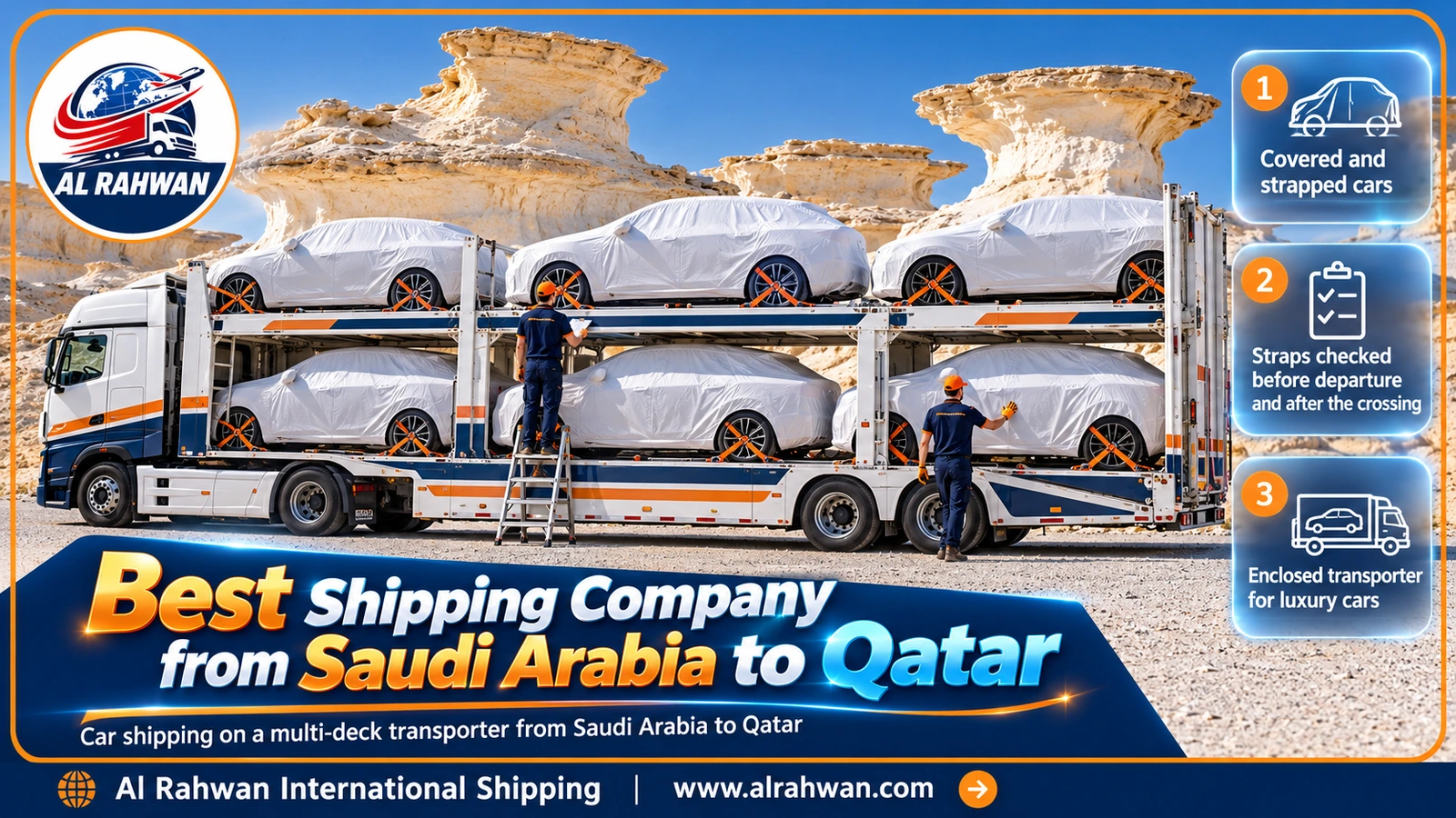 Best shipping company from Saudi Arabia to Qatar inspecting the straps on covered cars on a multi-deck transporter