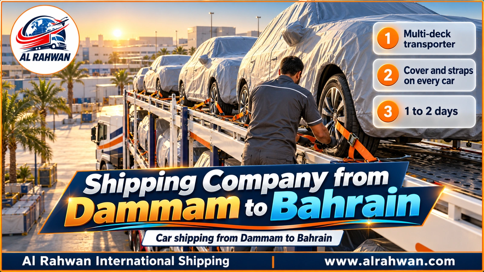 Shipping company from Dammam to Bahrain - a handler checking the wheel strap of a covered SUV on the upper deck of a car carrier near an Eastern Province logistics yard
