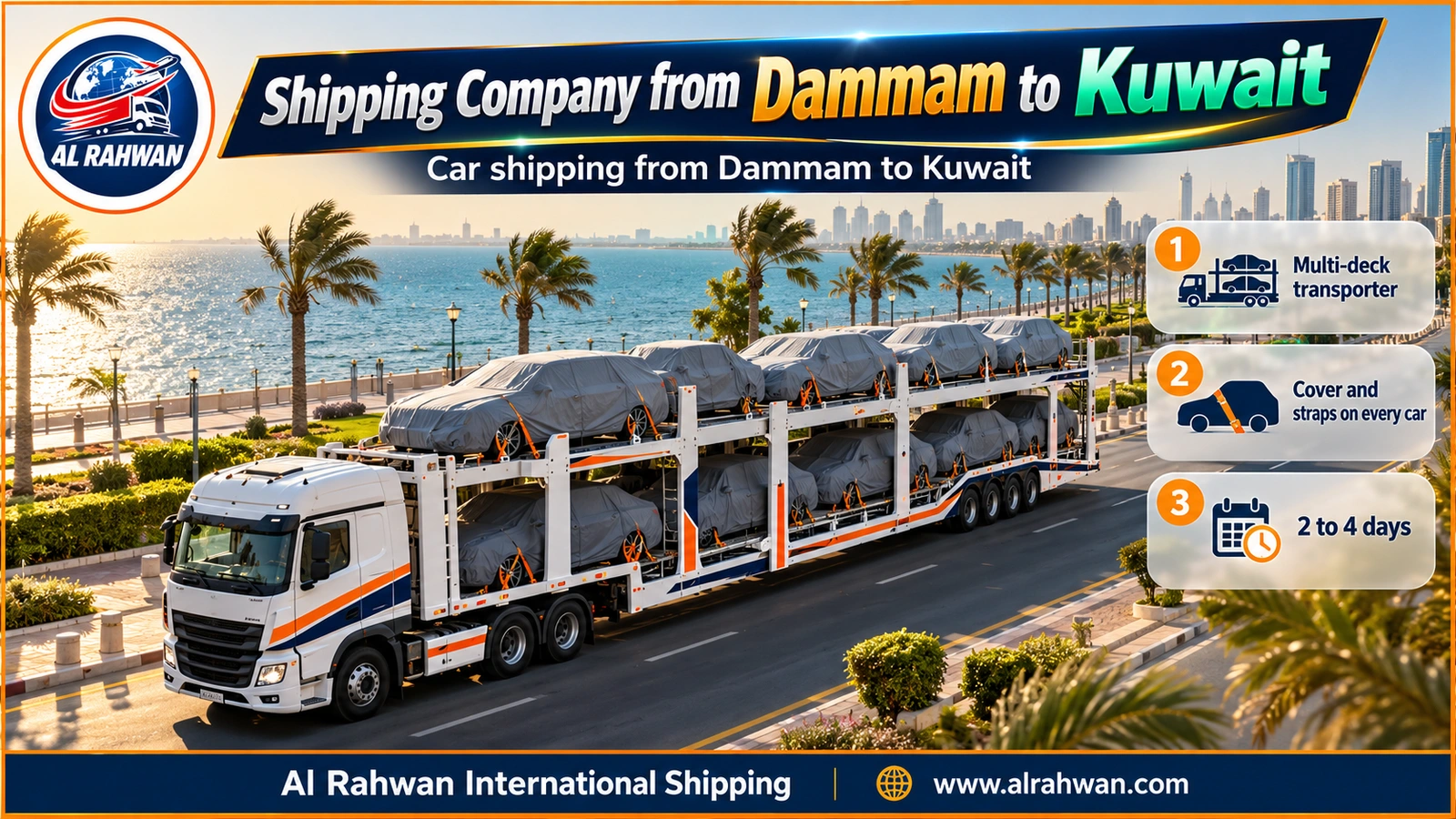 Multi-deck car carrier of a shipping company from Dammam to Kuwait loaded with covered, strapped cars