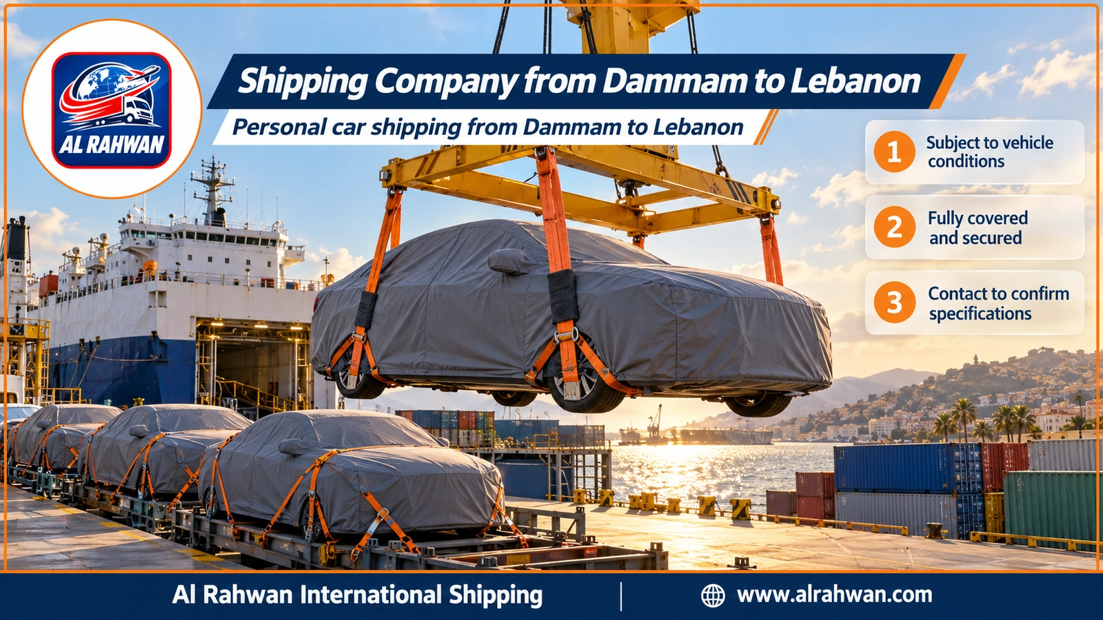 Shipping Company from Dammam to Lebanon - a car wrapped in a protective cover being loaded into a sea container at Jeddah port