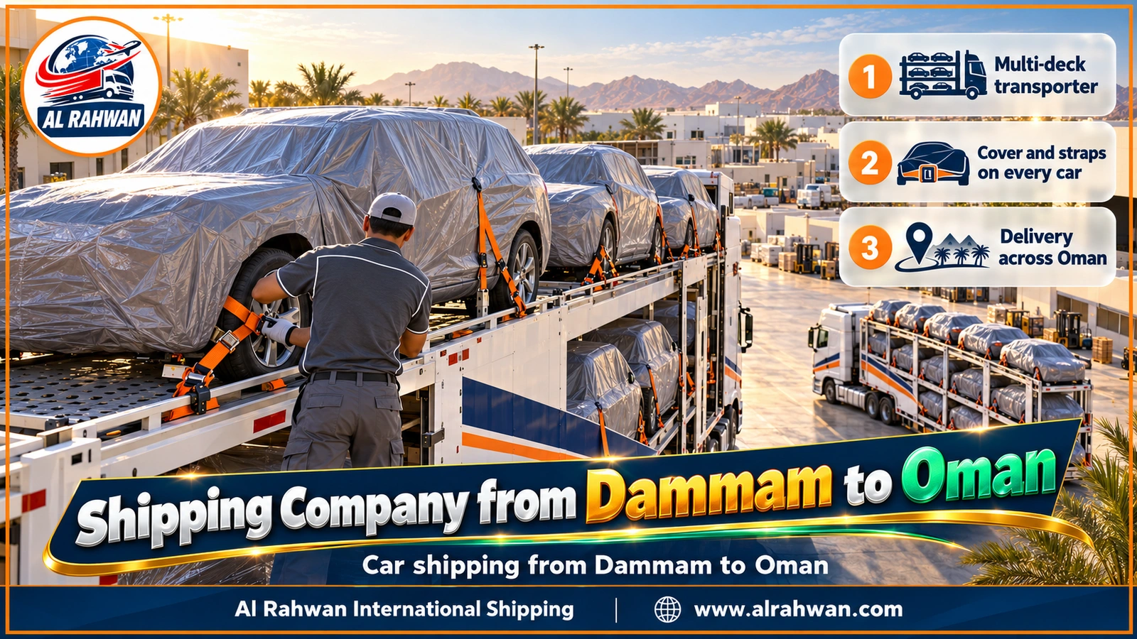 Shipping Company from Dammam to Oman - a multi-deck car carrier with covered, strapped cars leaving Dammam for Oman